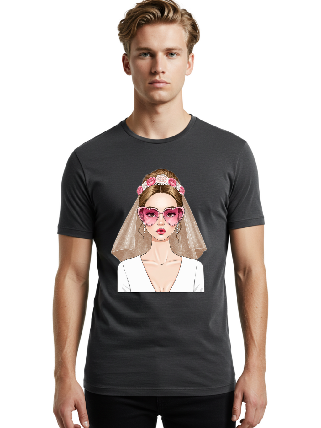 Bride-Fashion Men'S Graphic Tee, 100% Cotton, Comfortable Casual Summer Wear, Machine Washable, Bride With Veil, Heart-Shaped Sunglasses, Floral Hairpiece, White Wedding Dress, Stylish Accessories, Fashionable Wedding Attire, Chic Bridal Look, Baa223