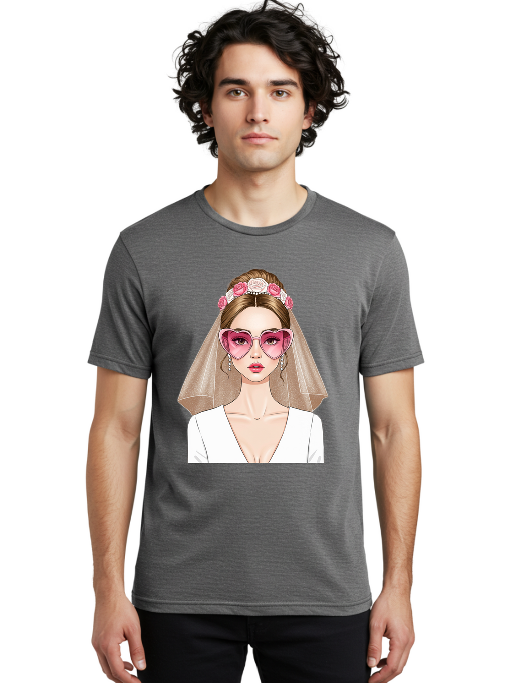 Bride-Fashion Men'S Graphic Tee, 100% Cotton, Comfortable Casual Summer Wear, Machine Washable, Bride With Veil, Heart-Shaped Sunglasses, Floral Hairpiece, White Wedding Dress, Stylish Accessories, Fashionable Wedding Attire, Chic Bridal Look, Baa223