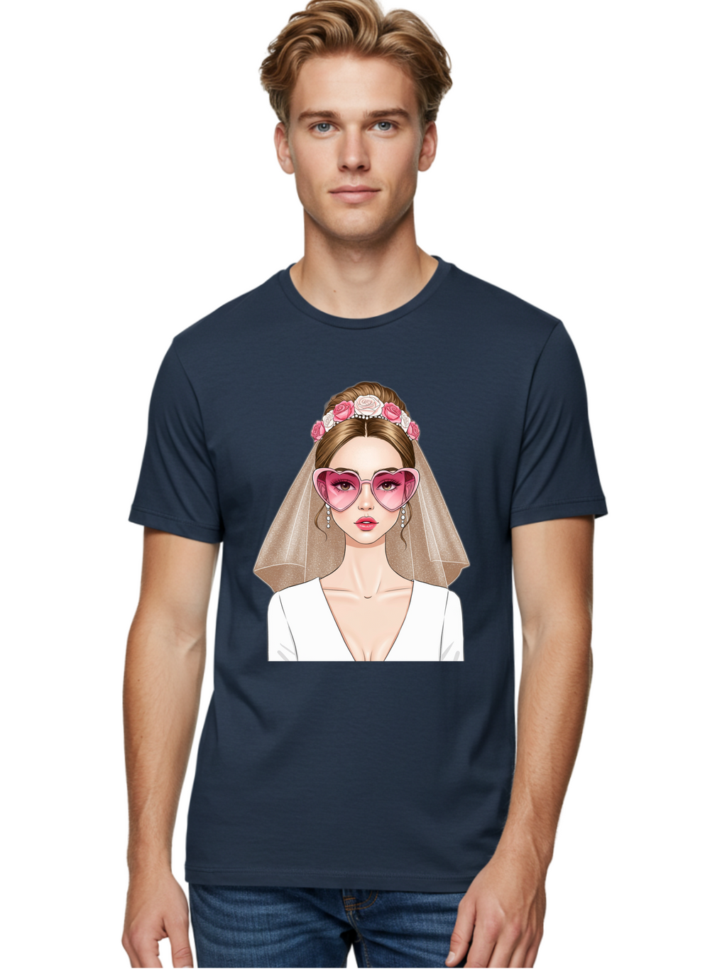 Bride-Fashion Men'S Graphic Tee, 100% Cotton, Comfortable Casual Summer Wear, Machine Washable, Bride With Veil, Heart-Shaped Sunglasses, Floral Hairpiece, White Wedding Dress, Stylish Accessories, Fashionable Wedding Attire, Chic Bridal Look, Baa223