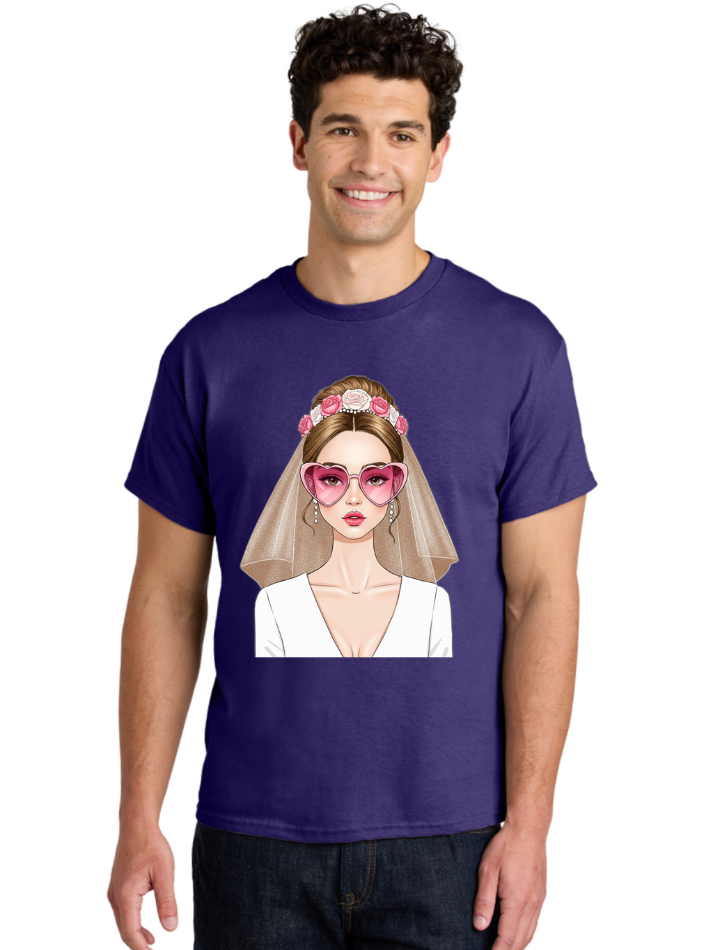 Bride-Fashion Men'S Graphic Tee, 100% Cotton, Comfortable Casual Summer Wear, Machine Washable, Bride With Veil, Heart-Shaped Sunglasses, Floral Hairpiece, White Wedding Dress, Stylish Accessories, Fashionable Wedding Attire, Chic Bridal Look, Baa223