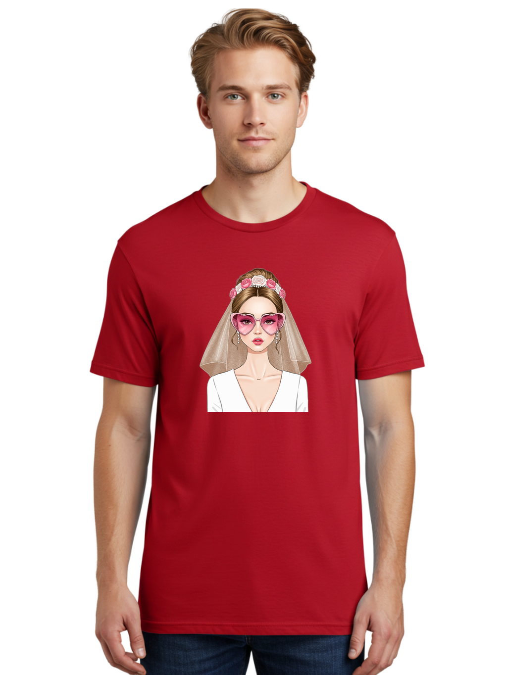 Bride-Fashion Men'S Graphic Tee, 100% Cotton, Comfortable Casual Summer Wear, Machine Washable, Bride With Veil, Heart-Shaped Sunglasses, Floral Hairpiece, White Wedding Dress, Stylish Accessories, Fashionable Wedding Attire, Chic Bridal Look, Baa223