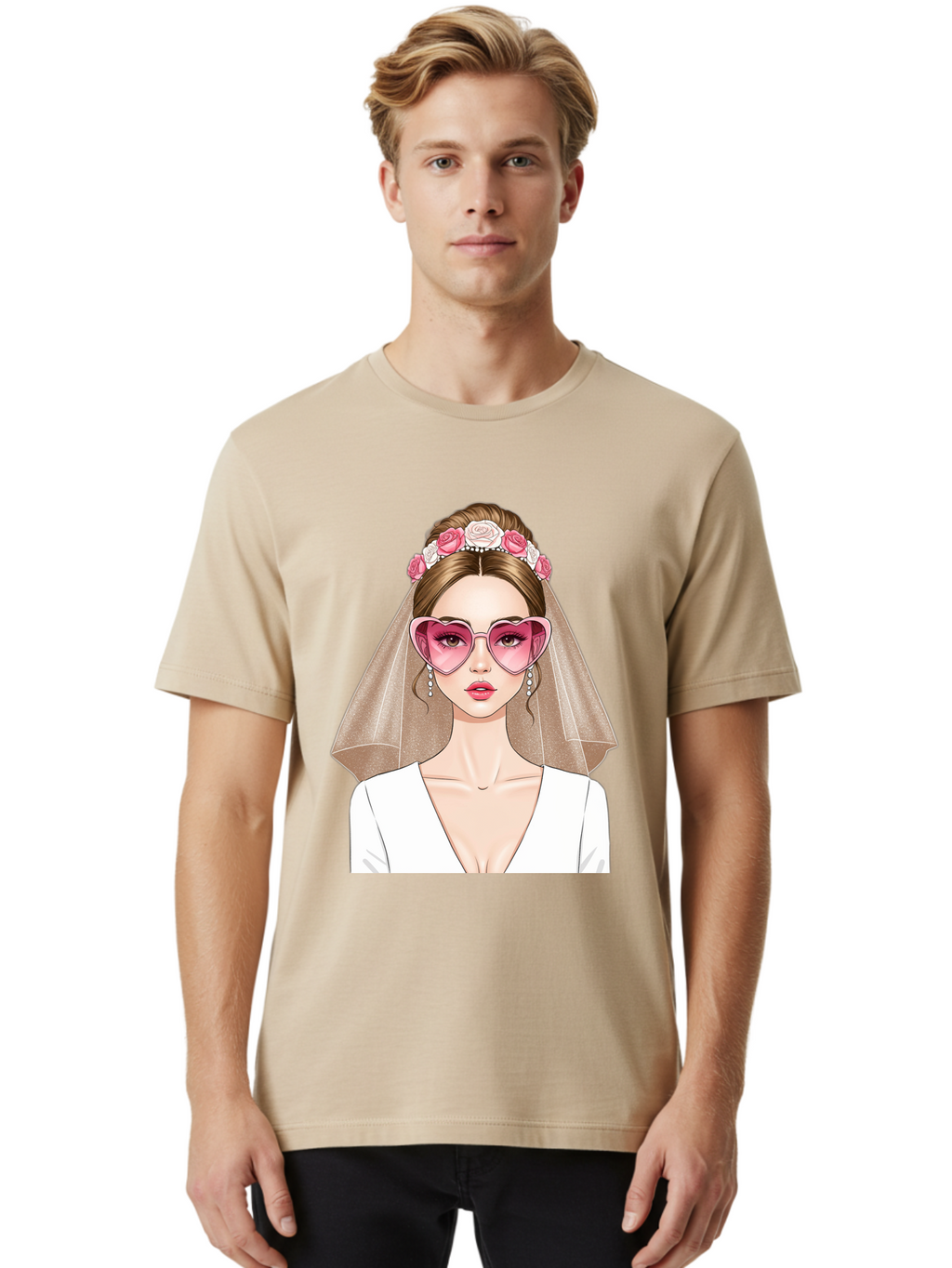 Bride-Fashion Men'S Graphic Tee, 100% Cotton, Comfortable Casual Summer Wear, Machine Washable, Bride With Veil, Heart-Shaped Sunglasses, Floral Hairpiece, White Wedding Dress, Stylish Accessories, Fashionable Wedding Attire, Chic Bridal Look, Baa223