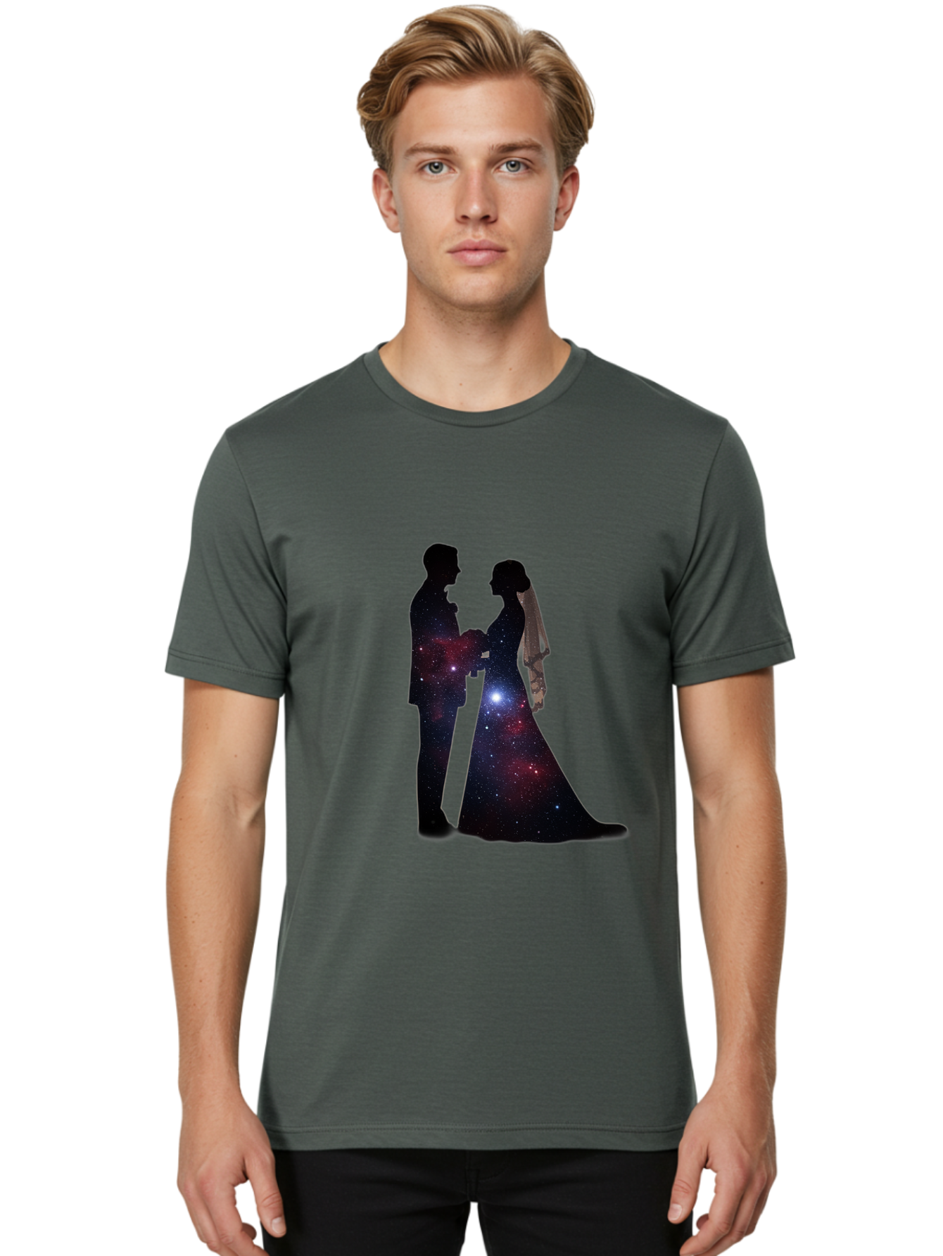 Bride-Groom-Silhouette Men'S Graphic Tee, 100% Cotton, Comfortable Casual Summer Wear, Machine Washable, Bride And Groom Silhouettes, Galaxy Inside Wedding Couple, Starry Night, Love Story, Wedding Vows, Celestial Romance, Eternity, Stars, Baa224