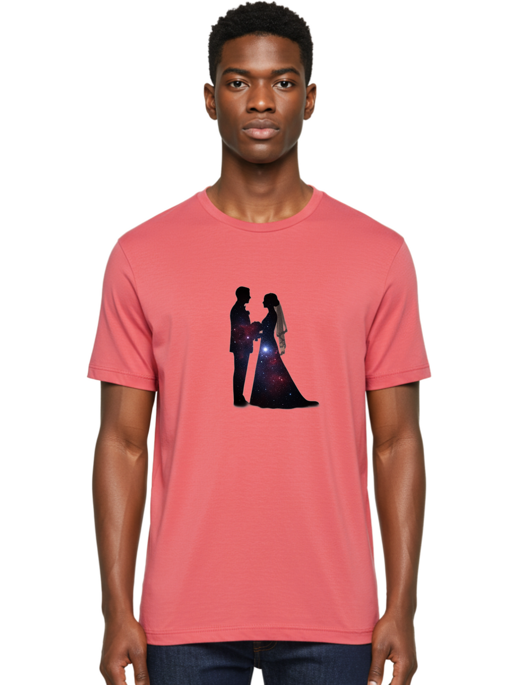 Bride-Groom-Silhouette Men'S Graphic Tee, 100% Cotton, Comfortable Casual Summer Wear, Machine Washable, Bride And Groom Silhouettes, Galaxy Inside Wedding Couple, Starry Night, Love Story, Wedding Vows, Celestial Romance, Eternity, Stars, Baa224
