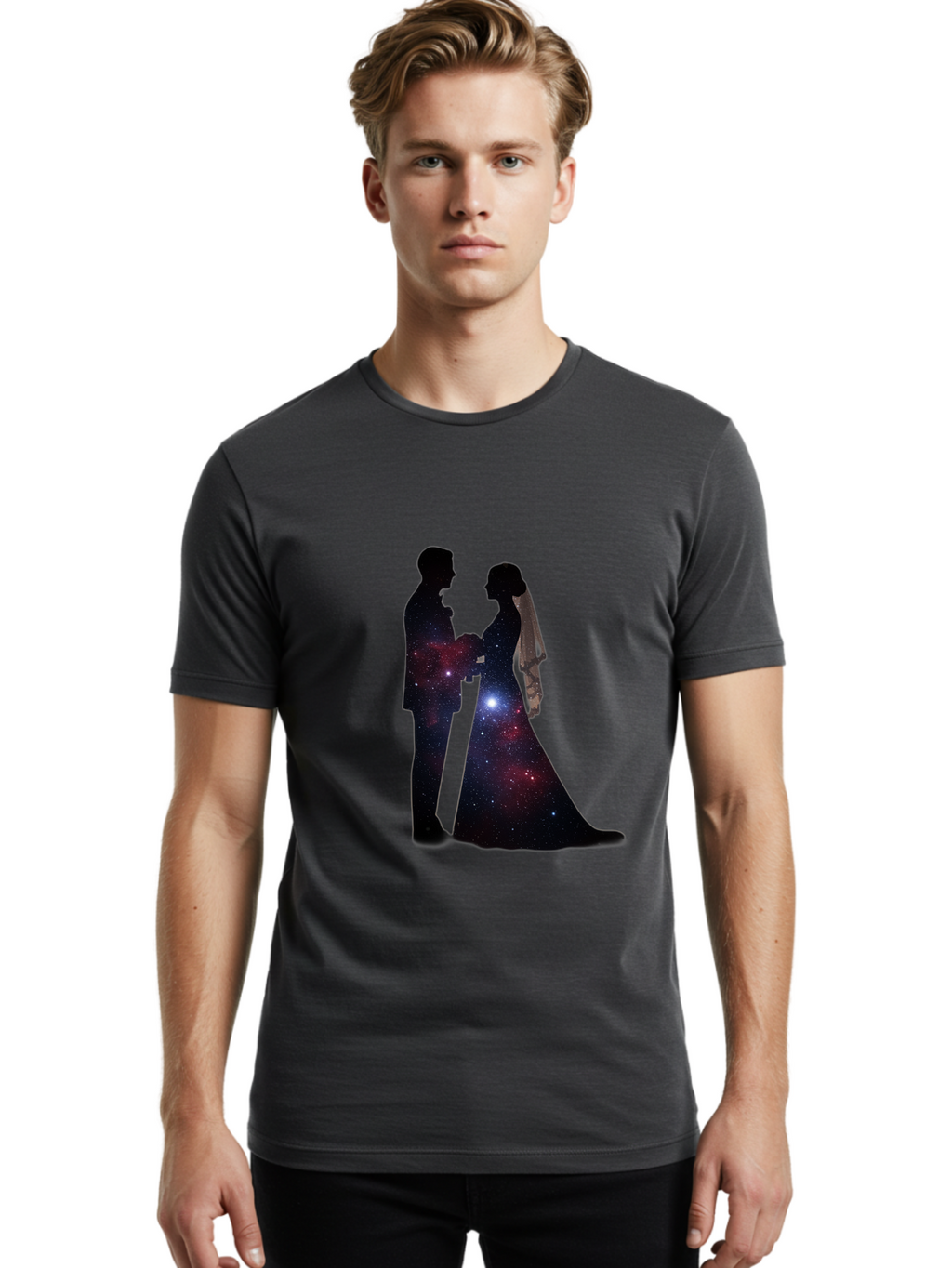 Bride-Groom-Silhouette Men'S Graphic Tee, 100% Cotton, Comfortable Casual Summer Wear, Machine Washable, Bride And Groom Silhouettes, Galaxy Inside Wedding Couple, Starry Night, Love Story, Wedding Vows, Celestial Romance, Eternity, Stars, Baa224