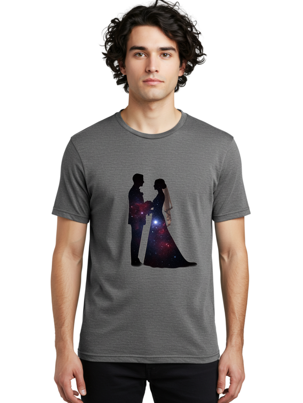 Bride-Groom-Silhouette Men'S Graphic Tee, 100% Cotton, Comfortable Casual Summer Wear, Machine Washable, Bride And Groom Silhouettes, Galaxy Inside Wedding Couple, Starry Night, Love Story, Wedding Vows, Celestial Romance, Eternity, Stars, Baa224