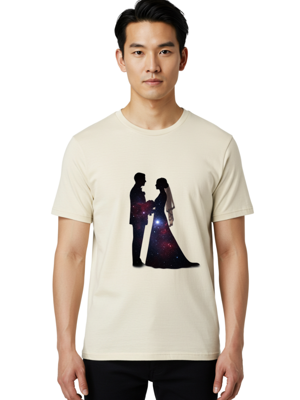 Bride-Groom-Silhouette Men'S Graphic Tee, 100% Cotton, Comfortable Casual Summer Wear, Machine Washable, Bride And Groom Silhouettes, Galaxy Inside Wedding Couple, Starry Night, Love Story, Wedding Vows, Celestial Romance, Eternity, Stars, Baa224