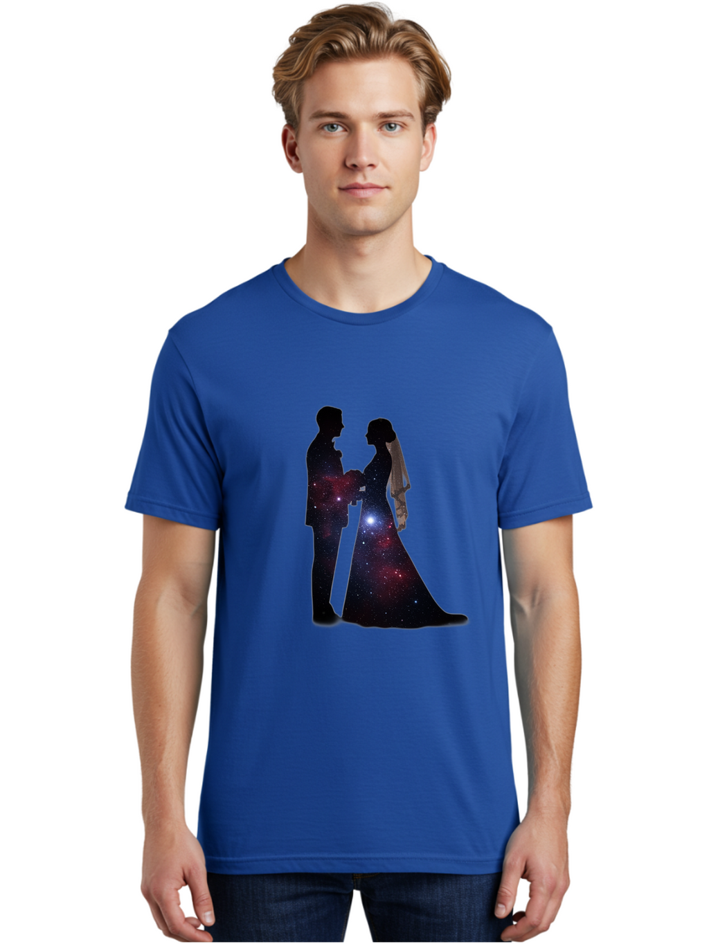 Bride-Groom-Silhouette Men'S Graphic Tee, 100% Cotton, Comfortable Casual Summer Wear, Machine Washable, Bride And Groom Silhouettes, Galaxy Inside Wedding Couple, Starry Night, Love Story, Wedding Vows, Celestial Romance, Eternity, Stars, Baa224