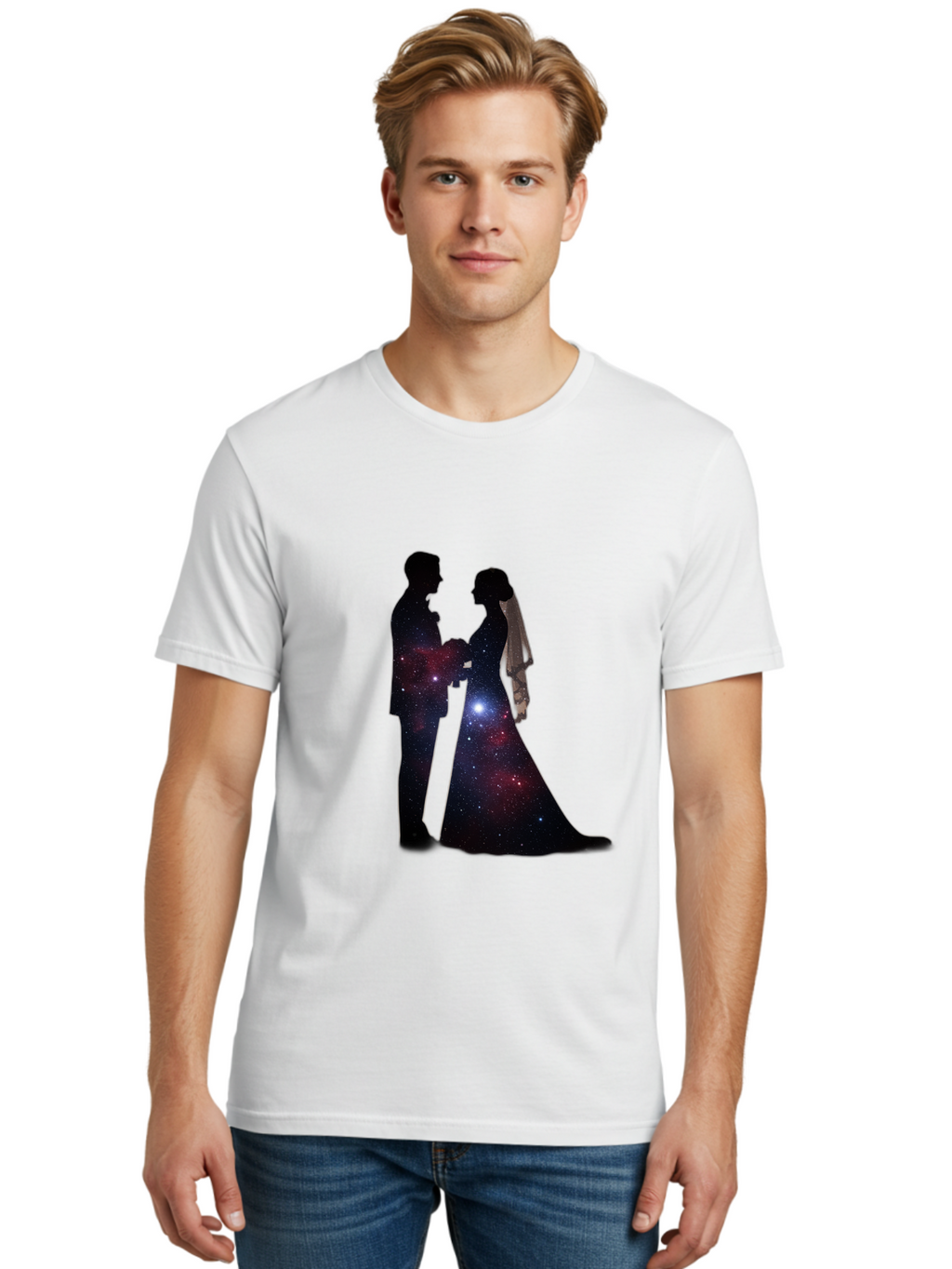 Bride-Groom-Silhouette Men'S Graphic Tee, 100% Cotton, Comfortable Casual Summer Wear, Machine Washable, Bride And Groom Silhouettes, Galaxy Inside Wedding Couple, Starry Night, Love Story, Wedding Vows, Celestial Romance, Eternity, Stars, Baa224