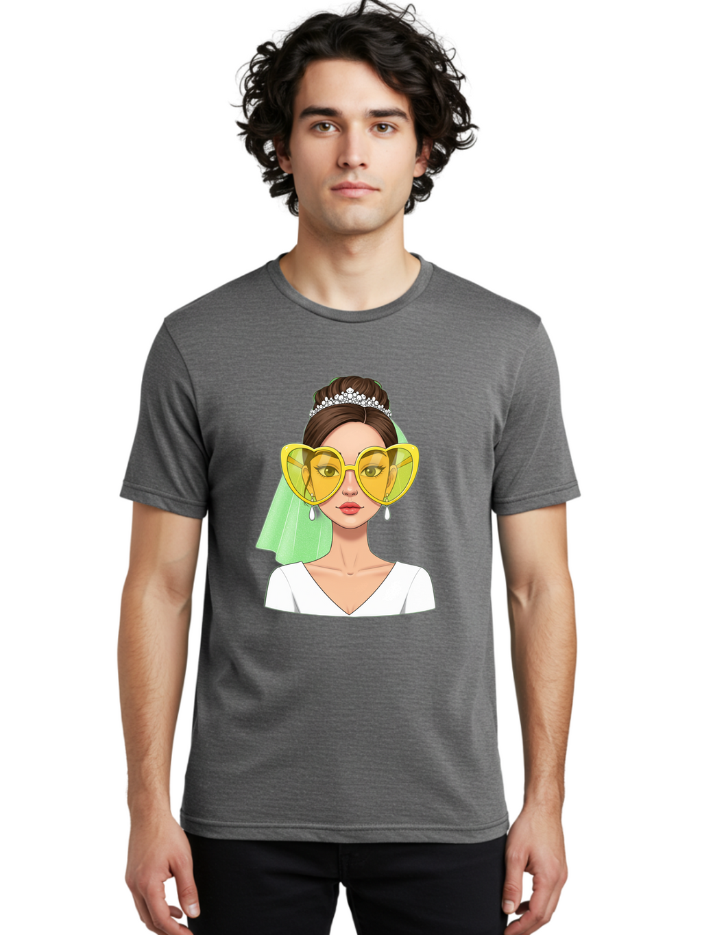 Bride-Heart-Sunglasses Men'S Graphic Tee, 100% Cotton, Comfortable Casual Summer Wear, Machine Washable, Bride With Heart-Shaped Sunglasses, Wedding Accessories, Fashionable Eyewear, Elegant Attire, Wedding Jewelry, Glamorous Look, Baa225