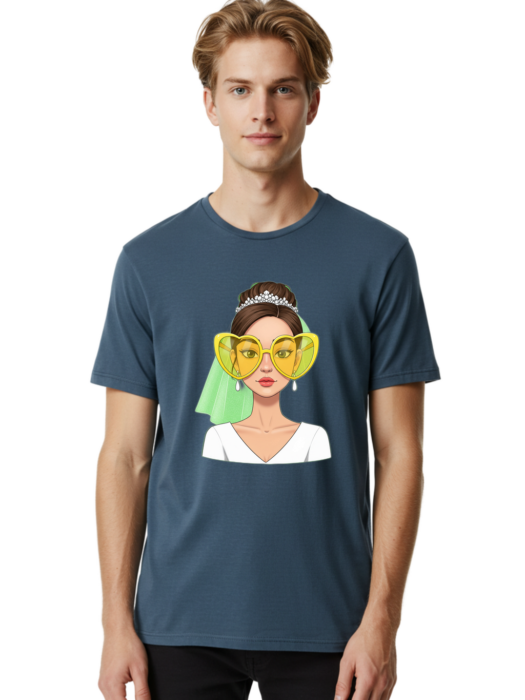 Bride-Heart-Sunglasses Men'S Graphic Tee, 100% Cotton, Comfortable Casual Summer Wear, Machine Washable, Bride With Heart-Shaped Sunglasses, Wedding Accessories, Fashionable Eyewear, Elegant Attire, Wedding Jewelry, Glamorous Look, Baa225