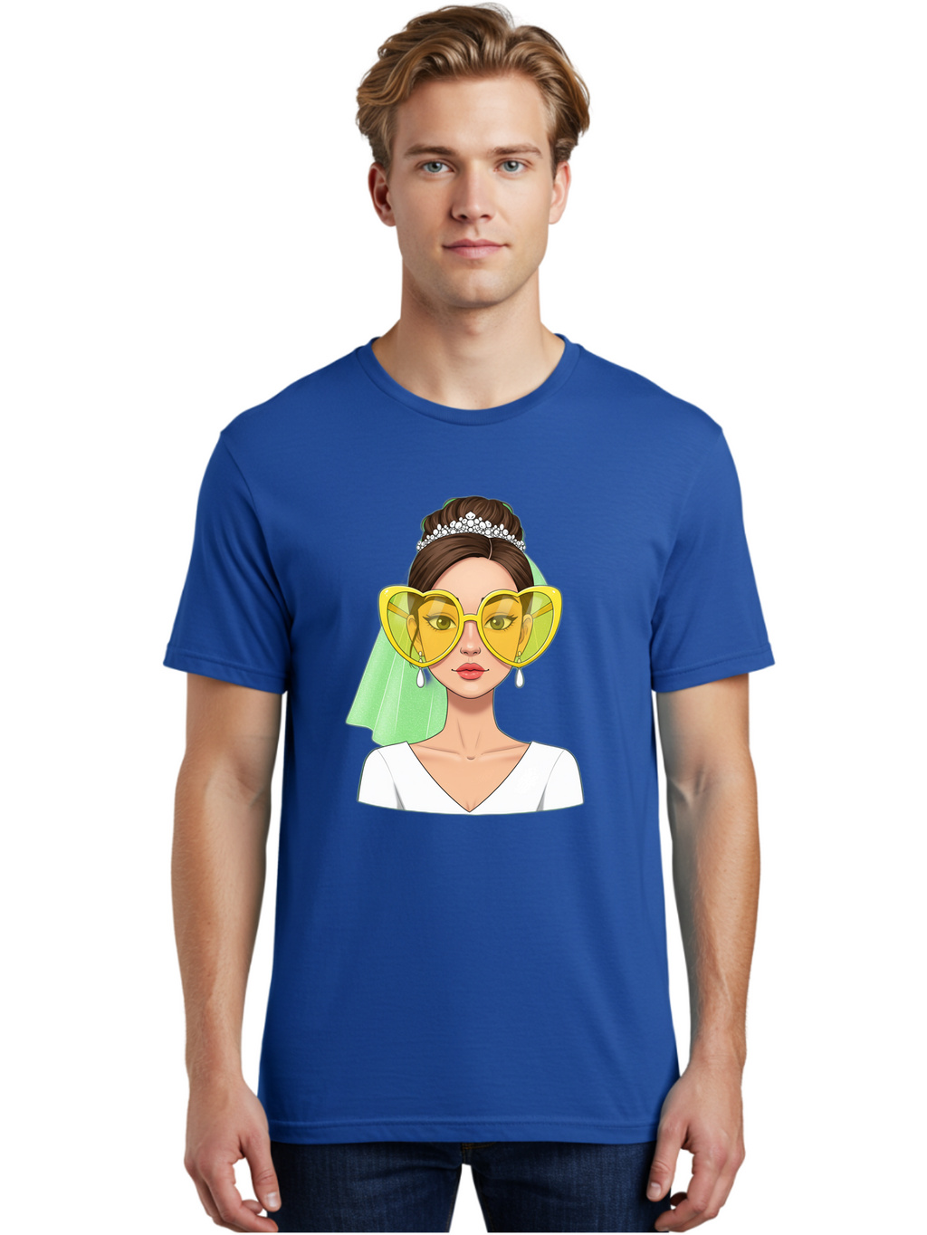 Bride-Heart-Sunglasses Men'S Graphic Tee, 100% Cotton, Comfortable Casual Summer Wear, Machine Washable, Bride With Heart-Shaped Sunglasses, Wedding Accessories, Fashionable Eyewear, Elegant Attire, Wedding Jewelry, Glamorous Look, Baa225