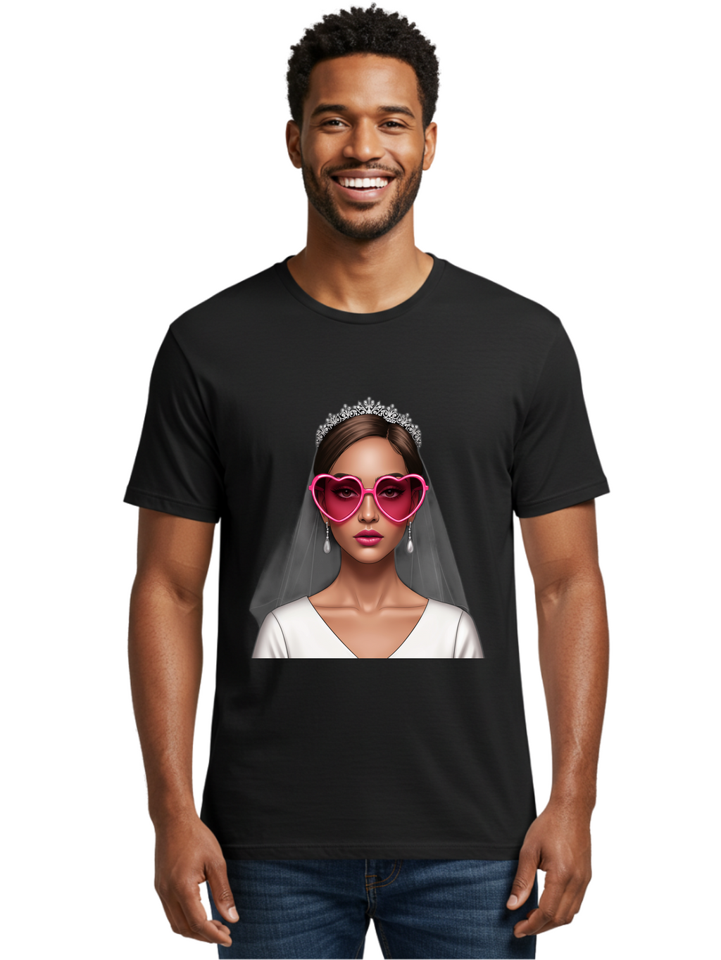 Bride-Portrait Men'S Graphic Tee, 100% Cotton, Comfortable Casual Summer Wear, Machine Washable, Bride Wearing Heart-Shaped Sunglasses, Tiara, White Dress, Wedding Veil, Dangle Earrings, Pink Lips, Fashionable Bride, Stylish Sunglasses, Baa226