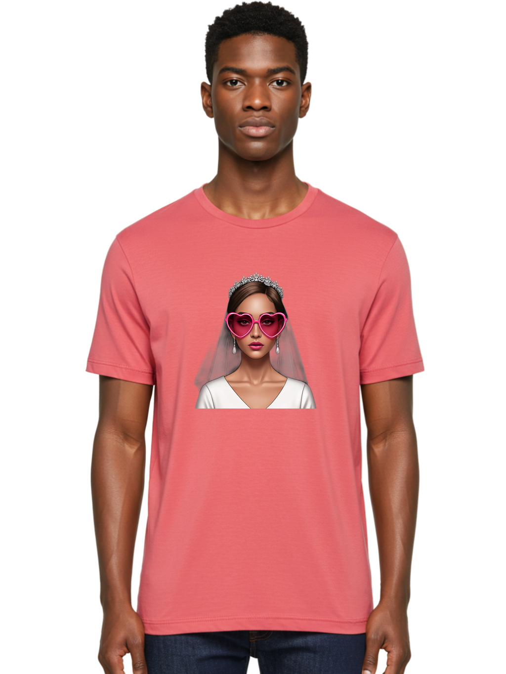 Bride-Portrait Men'S Graphic Tee, 100% Cotton, Comfortable Casual Summer Wear, Machine Washable, Bride Wearing Heart-Shaped Sunglasses, Tiara, White Dress, Wedding Veil, Dangle Earrings, Pink Lips, Fashionable Bride, Stylish Sunglasses, Baa226