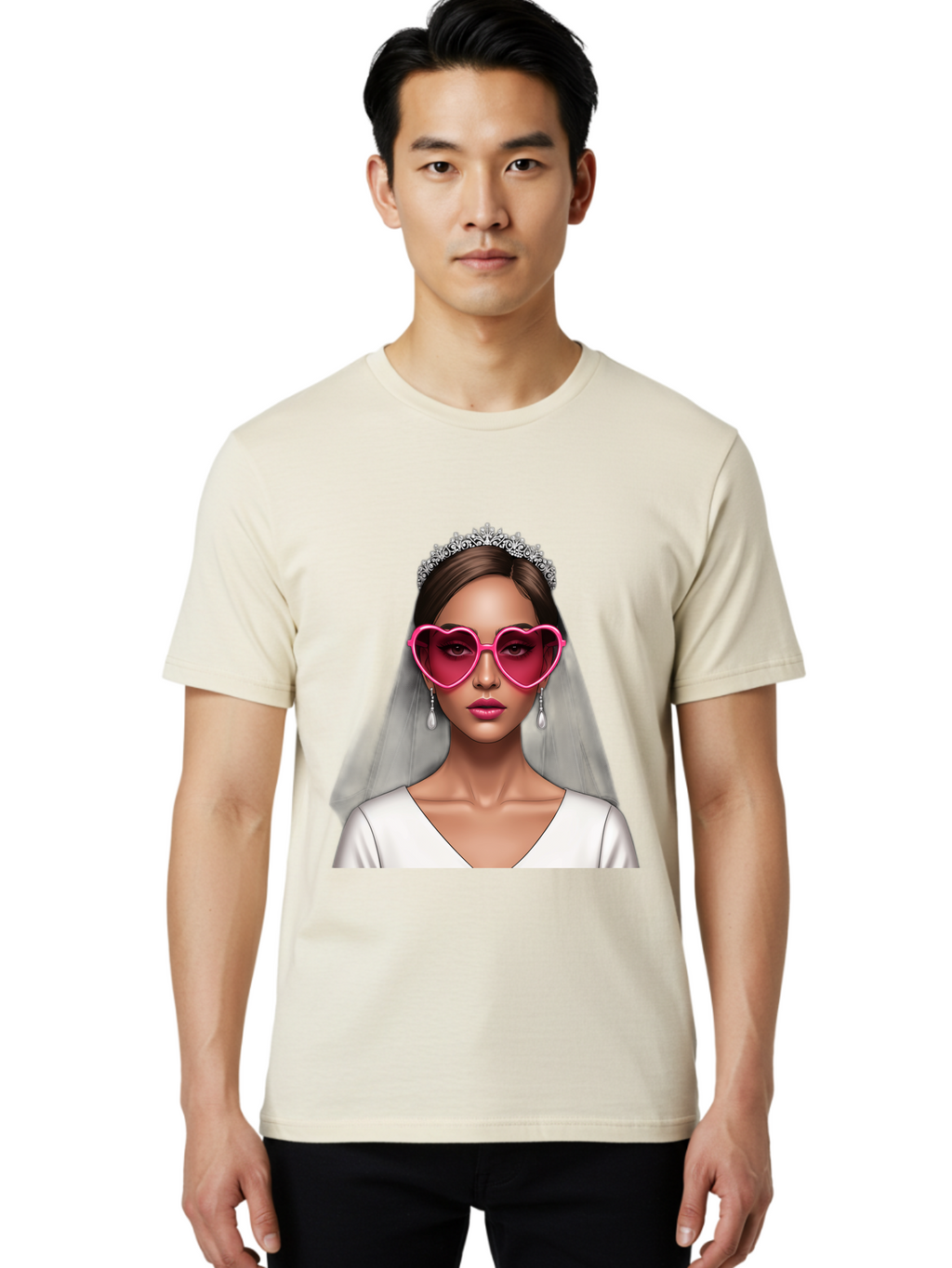 Bride-Portrait Men'S Graphic Tee, 100% Cotton, Comfortable Casual Summer Wear, Machine Washable, Bride Wearing Heart-Shaped Sunglasses, Tiara, White Dress, Wedding Veil, Dangle Earrings, Pink Lips, Fashionable Bride, Stylish Sunglasses, Baa226
