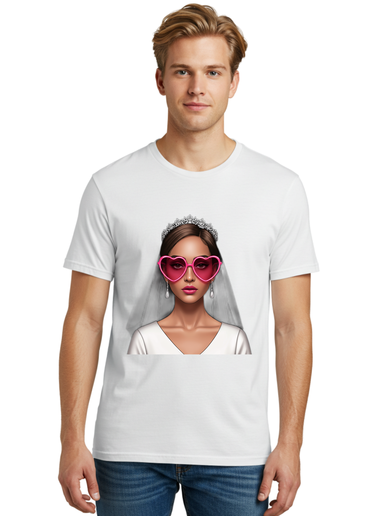 Bride-Portrait Men'S Graphic Tee, 100% Cotton, Comfortable Casual Summer Wear, Machine Washable, Bride Wearing Heart-Shaped Sunglasses, Tiara, White Dress, Wedding Veil, Dangle Earrings, Pink Lips, Fashionable Bride, Stylish Sunglasses, Baa226