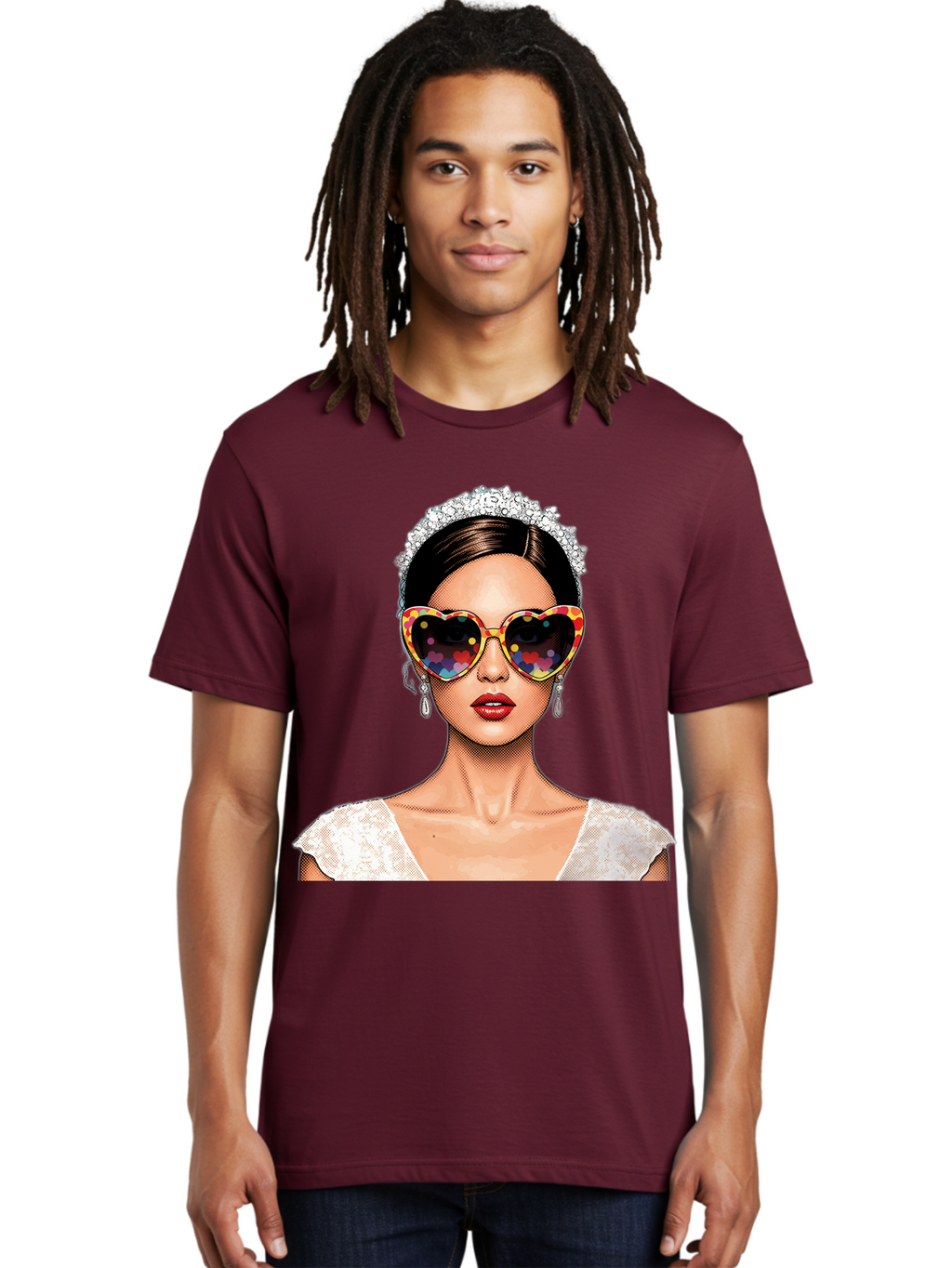 Bride-Sunglasses Men'S Graphic Tee, 100% Cotton, Comfortable Casual Summer Wear, Machine Washable, Bride With Sunglasses, Heart-Shaped Glasses, Rainbow Colors, Wedding Accessories, White Wedding Dress, Red Lips, Earrings, Tiara, Baa227