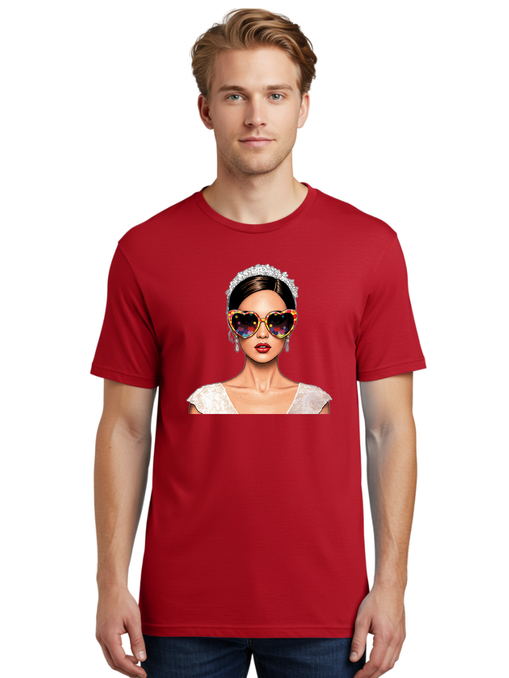 Bride-Sunglasses Men'S Graphic Tee, 100% Cotton, Comfortable Casual Summer Wear, Machine Washable, Bride With Sunglasses, Heart-Shaped Glasses, Rainbow Colors, Wedding Accessories, White Wedding Dress, Red Lips, Earrings, Tiara, Baa227