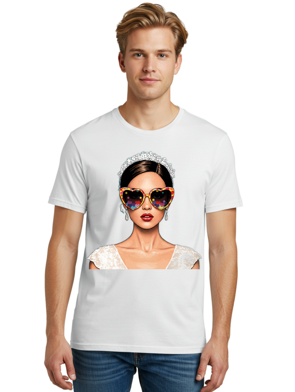 Bride-Sunglasses Men'S Graphic Tee, 100% Cotton, Comfortable Casual Summer Wear, Machine Washable, Bride With Sunglasses, Heart-Shaped Glasses, Rainbow Colors, Wedding Accessories, White Wedding Dress, Red Lips, Earrings, Tiara, Baa227