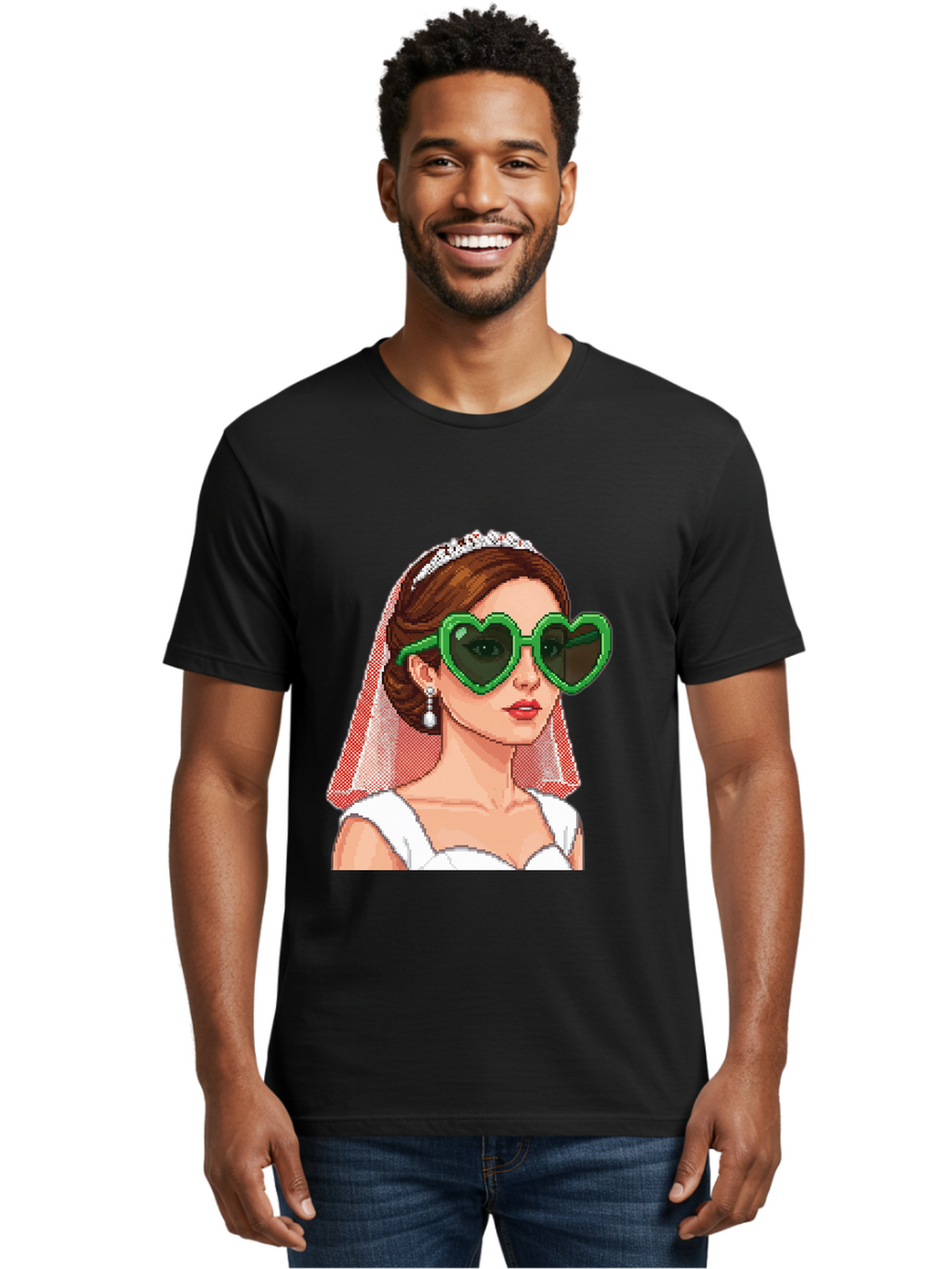 Bride-With-Heart-Shaped-Sunglasses-1 Men'S Graphic Tee, 100% Cotton, Comfortable Casual Summer Wear, Machine Washable, Bride Wearing Heart-Shaped Sunglasses, Trendy Wedding Attire, Stylish Accessories, Veil And Tiara, Modern Fashion, Baa228