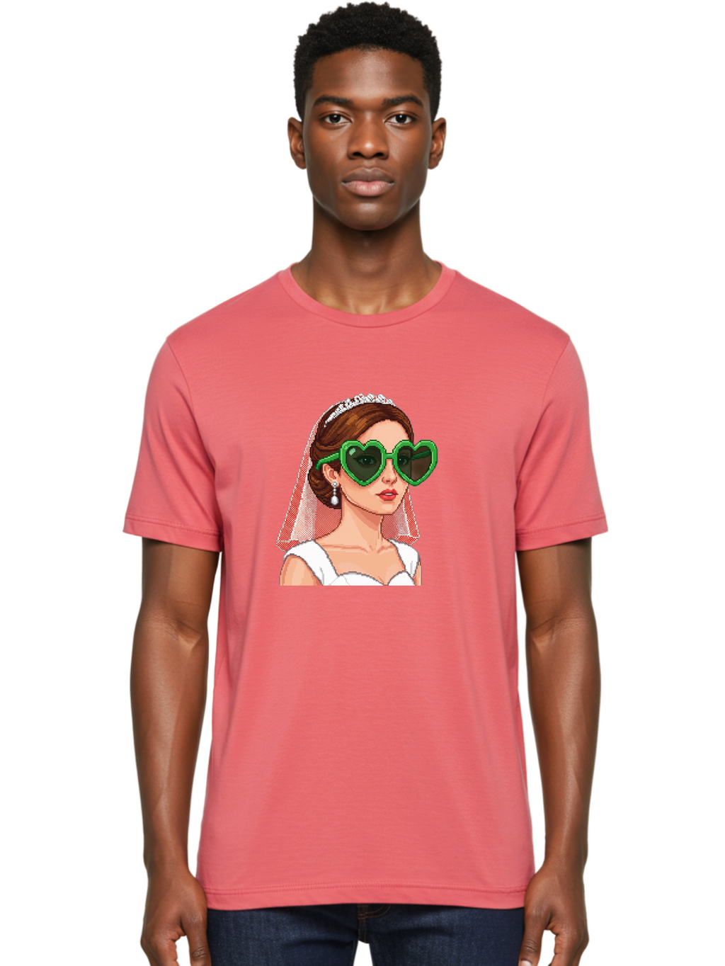 Bride-With-Heart-Shaped-Sunglasses-1 Men'S Graphic Tee, 100% Cotton, Comfortable Casual Summer Wear, Machine Washable, Bride Wearing Heart-Shaped Sunglasses, Trendy Wedding Attire, Stylish Accessories, Veil And Tiara, Modern Fashion, Baa228