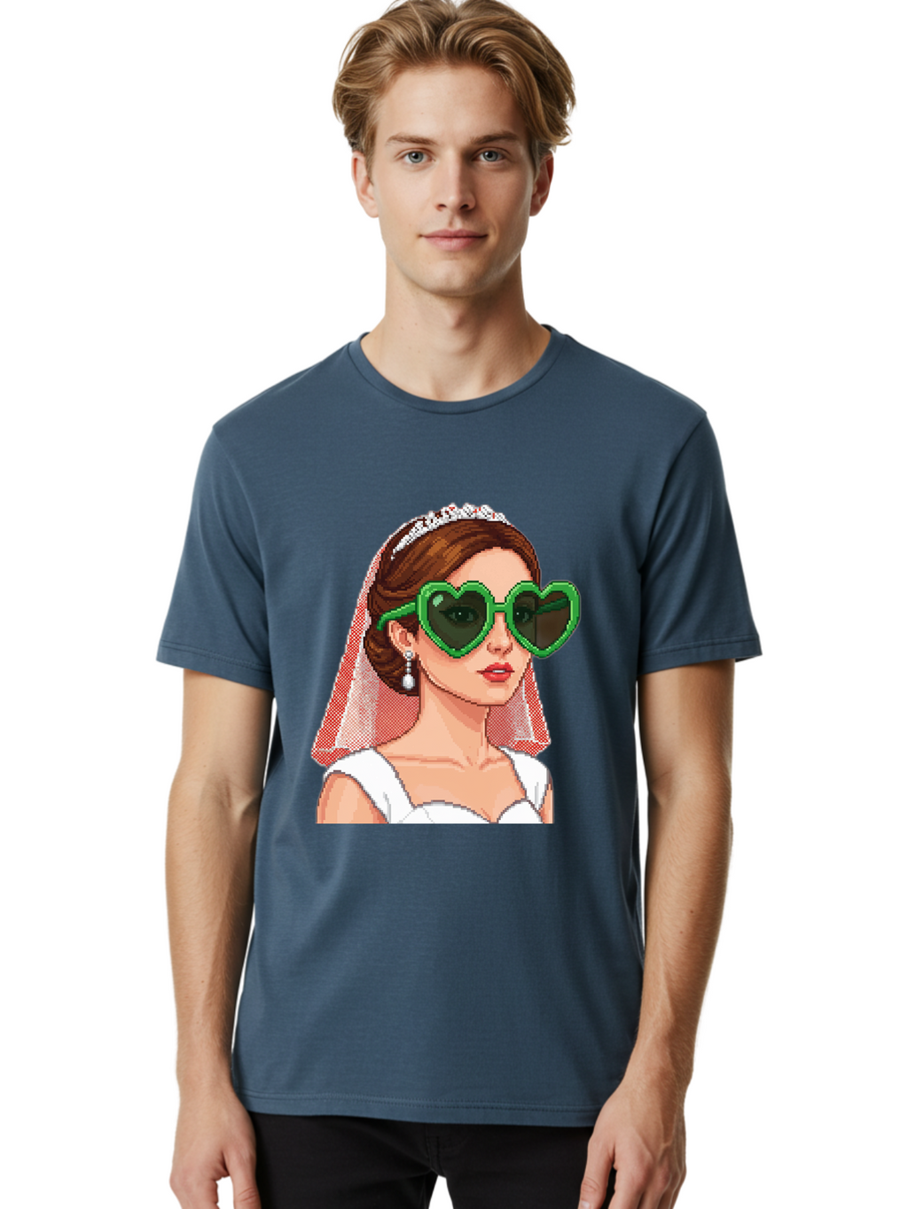 Bride-With-Heart-Shaped-Sunglasses-1 Men'S Graphic Tee, 100% Cotton, Comfortable Casual Summer Wear, Machine Washable, Bride Wearing Heart-Shaped Sunglasses, Trendy Wedding Attire, Stylish Accessories, Veil And Tiara, Modern Fashion, Baa228