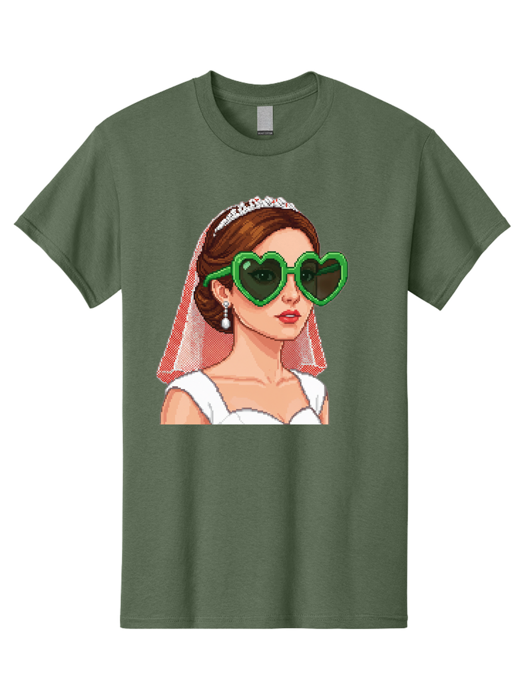 Bride-With-Heart-Shaped-Sunglasses-1 Men'S Graphic Tee, 100% Cotton, Comfortable Casual Summer Wear, Machine Washable, Bride Wearing Heart-Shaped Sunglasses, Trendy Wedding Attire, Stylish Accessories, Veil And Tiara, Modern Fashion, Baa228