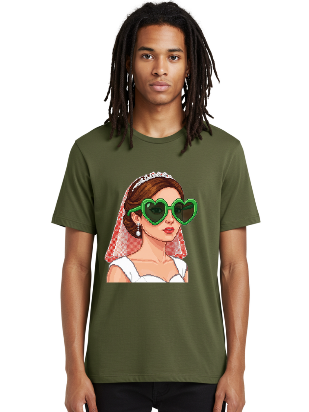 Bride-With-Heart-Shaped-Sunglasses-1 Men'S Graphic Tee, 100% Cotton, Comfortable Casual Summer Wear, Machine Washable, Bride Wearing Heart-Shaped Sunglasses, Trendy Wedding Attire, Stylish Accessories, Veil And Tiara, Modern Fashion, Baa228