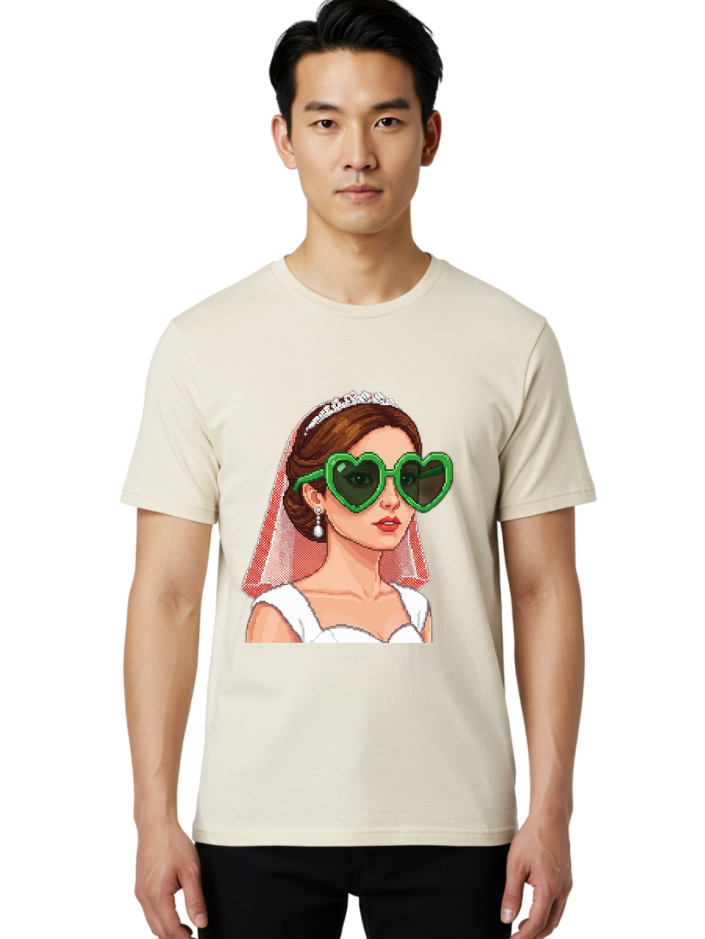 Bride-With-Heart-Shaped-Sunglasses-1 Men'S Graphic Tee, 100% Cotton, Comfortable Casual Summer Wear, Machine Washable, Bride Wearing Heart-Shaped Sunglasses, Trendy Wedding Attire, Stylish Accessories, Veil And Tiara, Modern Fashion, Baa228