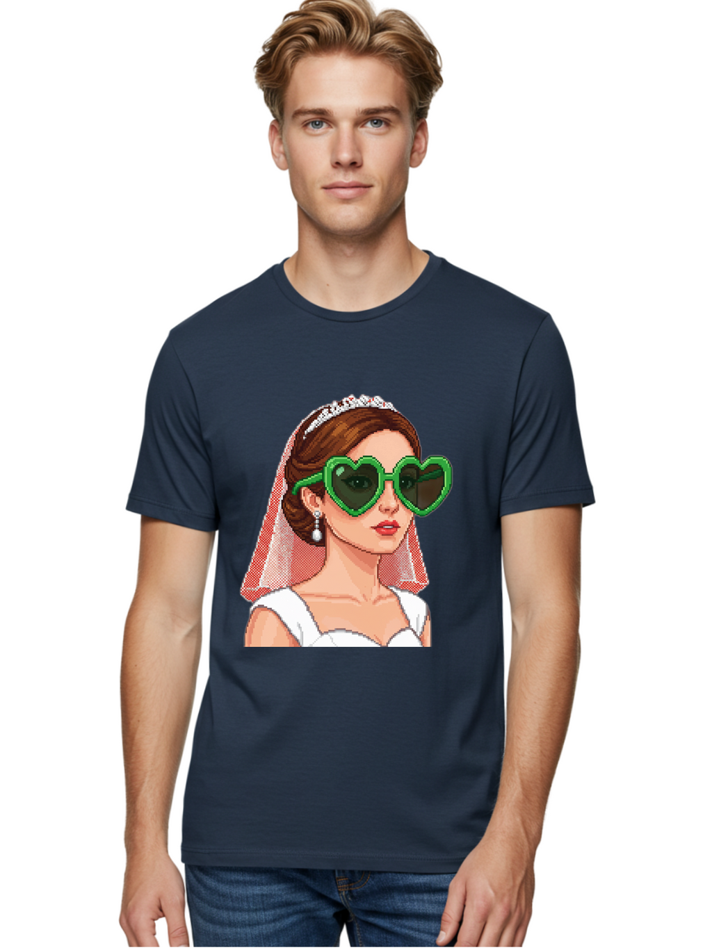 Bride-With-Heart-Shaped-Sunglasses-1 Men'S Graphic Tee, 100% Cotton, Comfortable Casual Summer Wear, Machine Washable, Bride Wearing Heart-Shaped Sunglasses, Trendy Wedding Attire, Stylish Accessories, Veil And Tiara, Modern Fashion, Baa228
