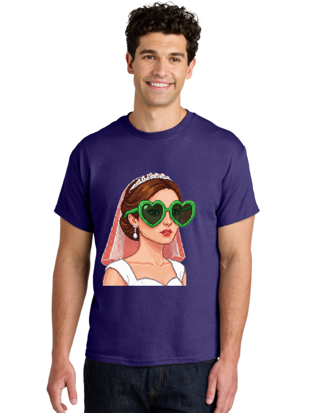 Bride-With-Heart-Shaped-Sunglasses-1 Men'S Graphic Tee, 100% Cotton, Comfortable Casual Summer Wear, Machine Washable, Bride Wearing Heart-Shaped Sunglasses, Trendy Wedding Attire, Stylish Accessories, Veil And Tiara, Modern Fashion, Baa228