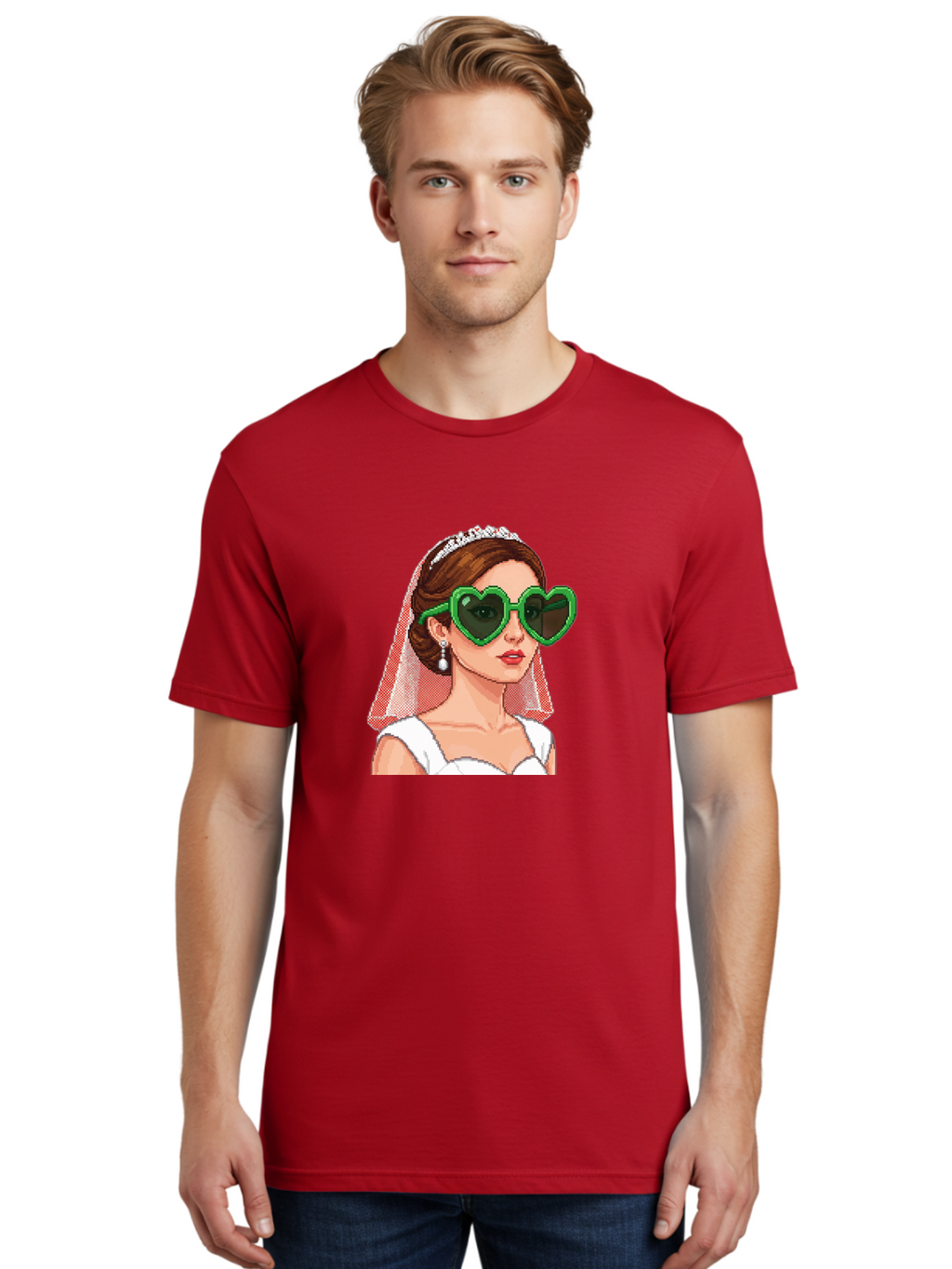 Bride-With-Heart-Shaped-Sunglasses-1 Men'S Graphic Tee, 100% Cotton, Comfortable Casual Summer Wear, Machine Washable, Bride Wearing Heart-Shaped Sunglasses, Trendy Wedding Attire, Stylish Accessories, Veil And Tiara, Modern Fashion, Baa228