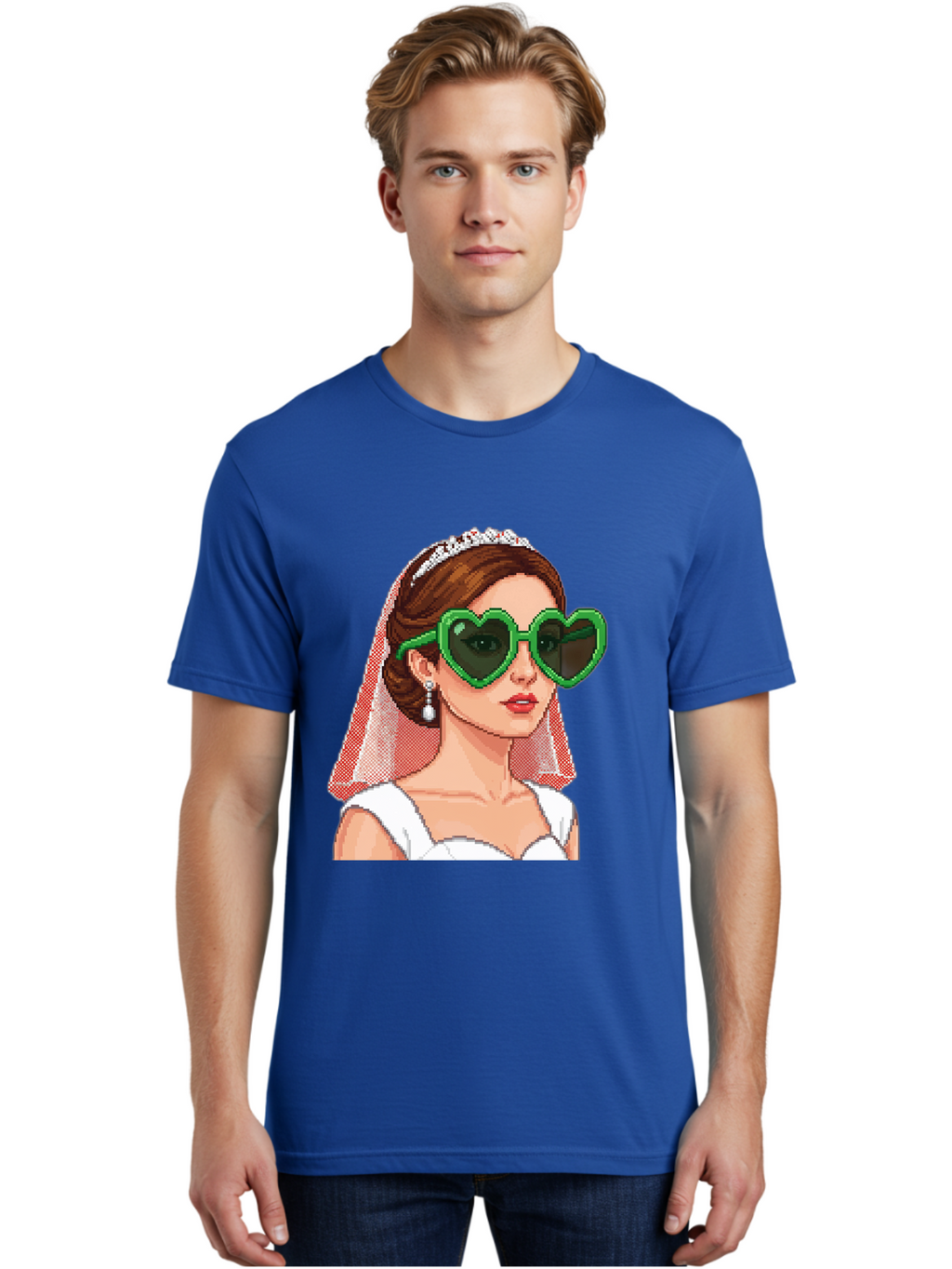 Bride-With-Heart-Shaped-Sunglasses-1 Men'S Graphic Tee, 100% Cotton, Comfortable Casual Summer Wear, Machine Washable, Bride Wearing Heart-Shaped Sunglasses, Trendy Wedding Attire, Stylish Accessories, Veil And Tiara, Modern Fashion, Baa228