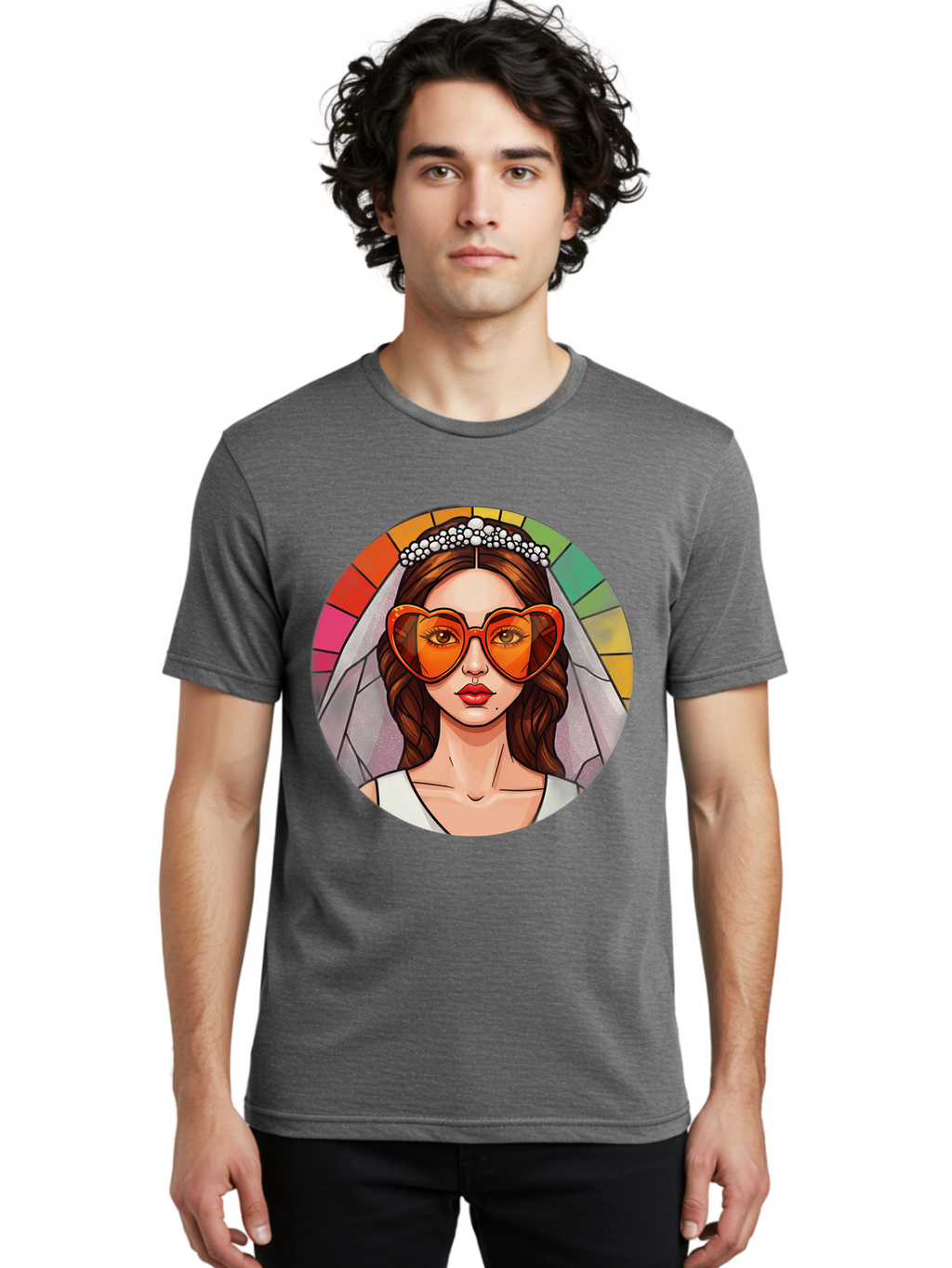 Bride-With-Heart-Shaped-Sunglasses-2 Men'S Graphic Tee, 100% Cotton, Comfortable Casual Summer Wear, Machine Washable, Cartoon Bride, Heart-Shaped Sunglasses, White Veil, Stained Glass Effect, Red Lips, Orange Shades, Wedding Attire, Baa229