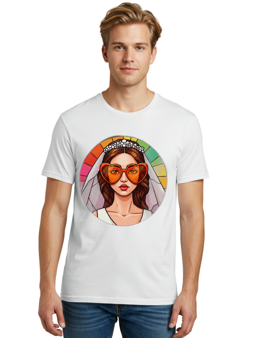 Bride-With-Heart-Shaped-Sunglasses-2 Men'S Graphic Tee, 100% Cotton, Comfortable Casual Summer Wear, Machine Washable, Cartoon Bride, Heart-Shaped Sunglasses, White Veil, Stained Glass Effect, Red Lips, Orange Shades, Wedding Attire, Baa229