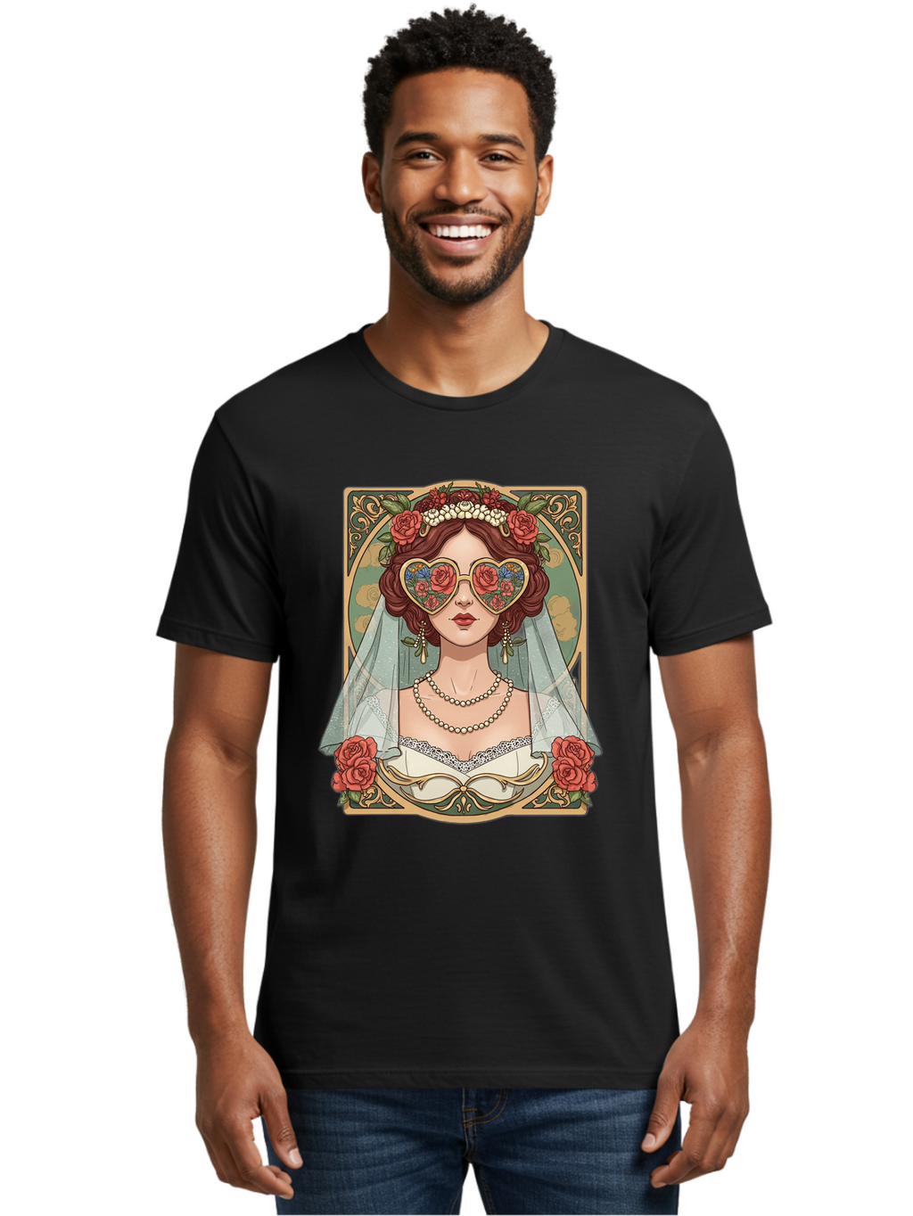 Bride-With-Heart-Shaped-Sunglasses-3 Men'S Graphic Tee, 100% Cotton, Comfortable Casual Summer Wear, Machine Washable, Bride Wearing Heart-Shaped Sunglasses, Floral Pattern, Vintage Style, Ornate Frame, White Wedding Dress, Red Roses, Baa230