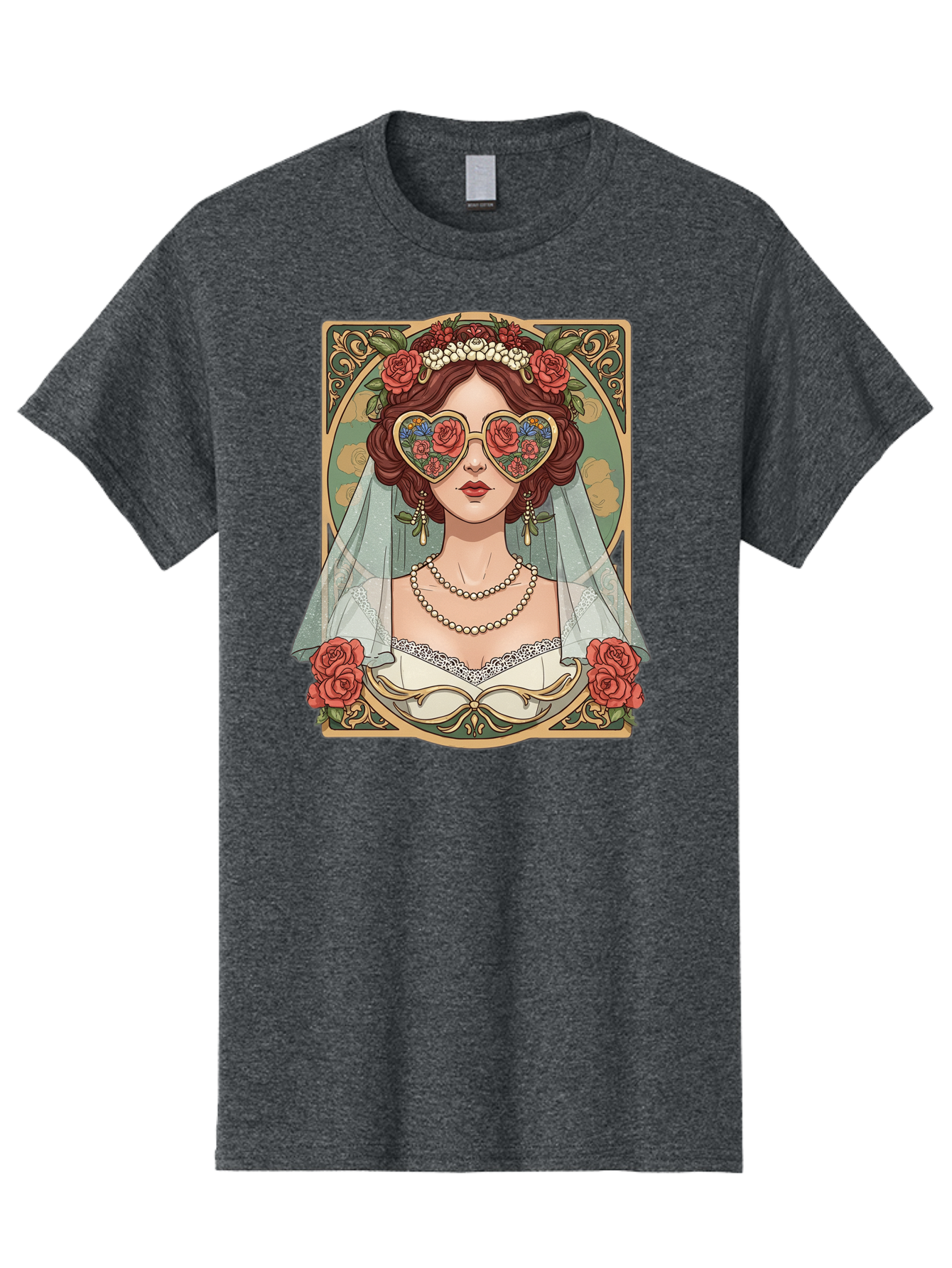 Bride-With-Heart-Shaped-Sunglasses-3 Men'S Graphic Tee, 100% Cotton, Comfortable Casual Summer Wear, Machine Washable, Bride Wearing Heart-Shaped Sunglasses, Floral Pattern, Vintage Style, Ornate Frame, White Wedding Dress, Red Roses, Baa230