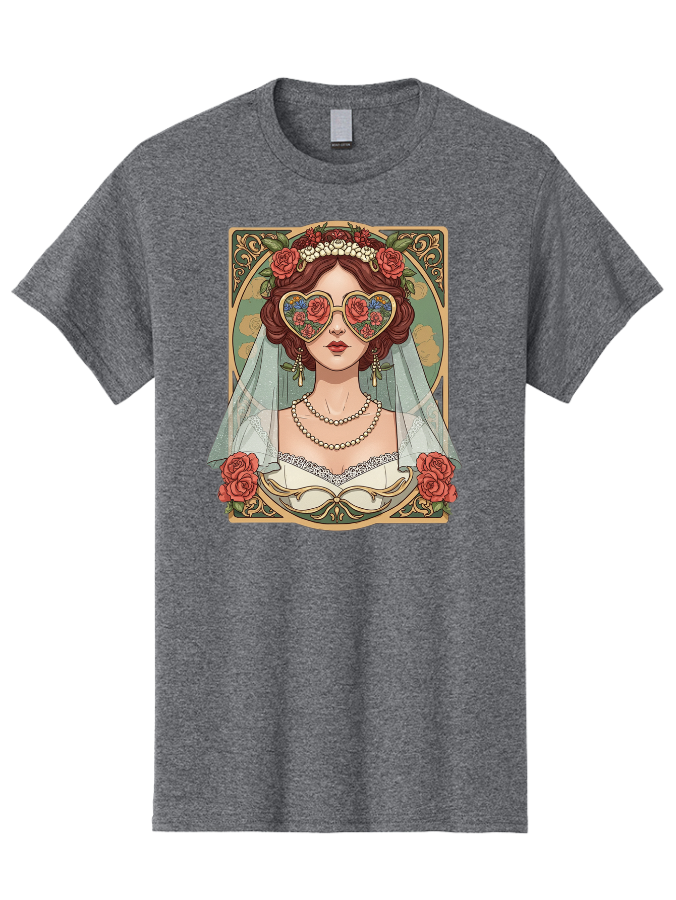 Bride-With-Heart-Shaped-Sunglasses-3 Men'S Graphic Tee, 100% Cotton, Comfortable Casual Summer Wear, Machine Washable, Bride Wearing Heart-Shaped Sunglasses, Floral Pattern, Vintage Style, Ornate Frame, White Wedding Dress, Red Roses, Baa230