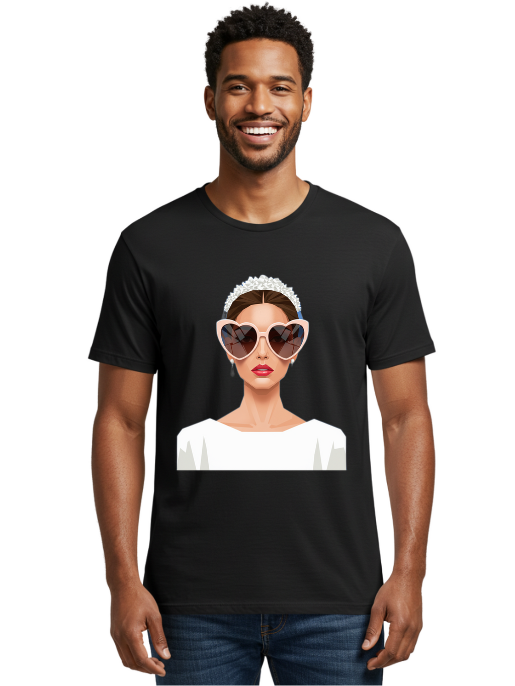 Bride-With-Heart-Shaped-Sunglasses-4 Men'S Graphic Tee, 100% Cotton, Comfortable Casual Summer Wear, Machine Washable, Bride With Heart-Shaped Sunglasses, White Wedding Dress, Floral Headband, Red Lips, Stylish Accessories, Baa231