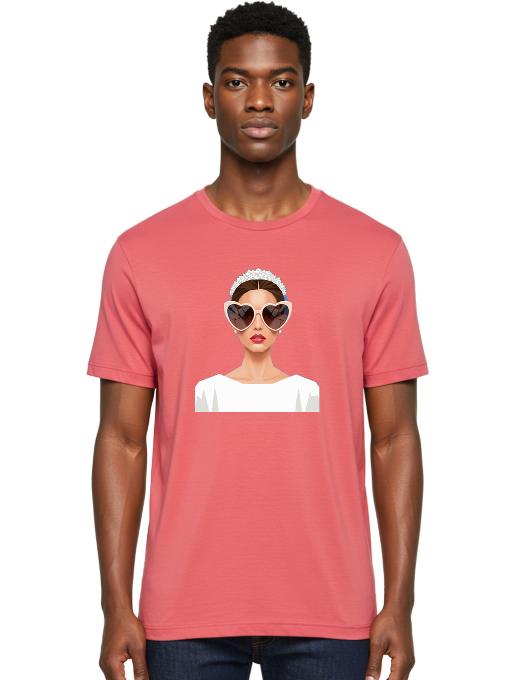 Bride-With-Heart-Shaped-Sunglasses-4 Men'S Graphic Tee, 100% Cotton, Comfortable Casual Summer Wear, Machine Washable, Bride With Heart-Shaped Sunglasses, White Wedding Dress, Floral Headband, Red Lips, Stylish Accessories, Baa231