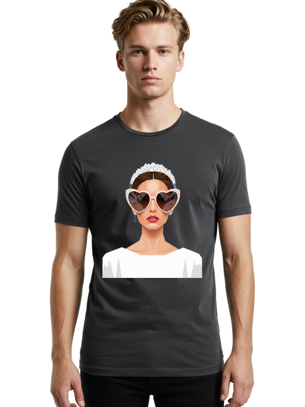 Bride-With-Heart-Shaped-Sunglasses-4 Men'S Graphic Tee, 100% Cotton, Comfortable Casual Summer Wear, Machine Washable, Bride With Heart-Shaped Sunglasses, White Wedding Dress, Floral Headband, Red Lips, Stylish Accessories, Baa231