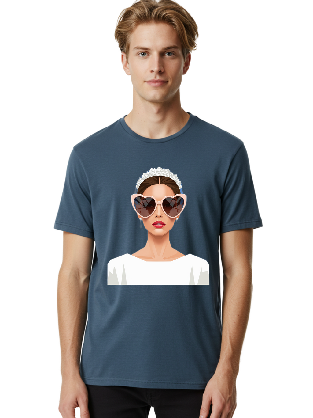 Bride-With-Heart-Shaped-Sunglasses-4 Men'S Graphic Tee, 100% Cotton, Comfortable Casual Summer Wear, Machine Washable, Bride With Heart-Shaped Sunglasses, White Wedding Dress, Floral Headband, Red Lips, Stylish Accessories, Baa231