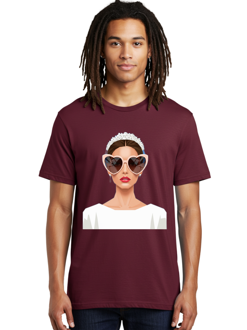 Bride-With-Heart-Shaped-Sunglasses-4 Men'S Graphic Tee, 100% Cotton, Comfortable Casual Summer Wear, Machine Washable, Bride With Heart-Shaped Sunglasses, White Wedding Dress, Floral Headband, Red Lips, Stylish Accessories, Baa231
