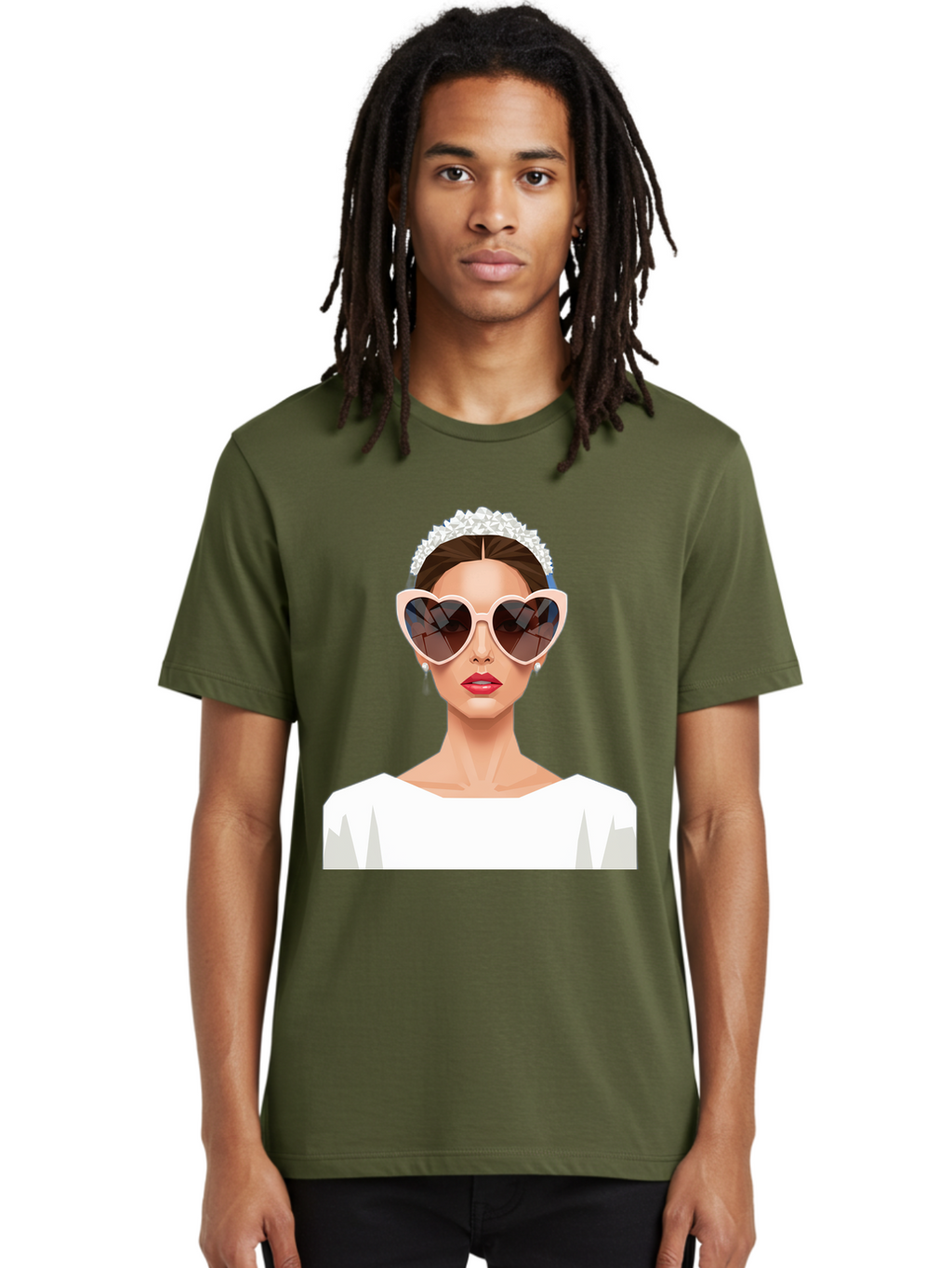 Bride-With-Heart-Shaped-Sunglasses-4 Men'S Graphic Tee, 100% Cotton, Comfortable Casual Summer Wear, Machine Washable, Bride With Heart-Shaped Sunglasses, White Wedding Dress, Floral Headband, Red Lips, Stylish Accessories, Baa231