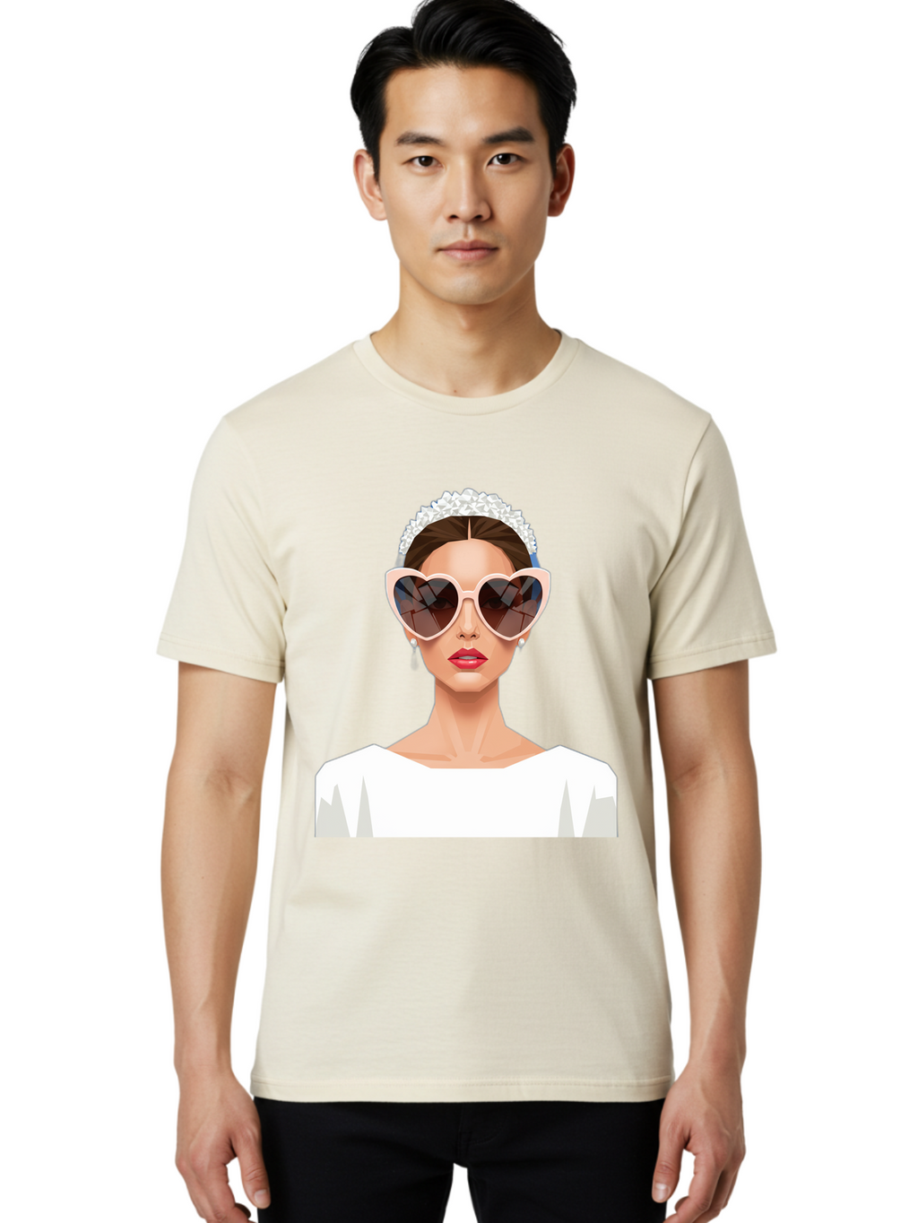 Bride-With-Heart-Shaped-Sunglasses-4 Men'S Graphic Tee, 100% Cotton, Comfortable Casual Summer Wear, Machine Washable, Bride With Heart-Shaped Sunglasses, White Wedding Dress, Floral Headband, Red Lips, Stylish Accessories, Baa231