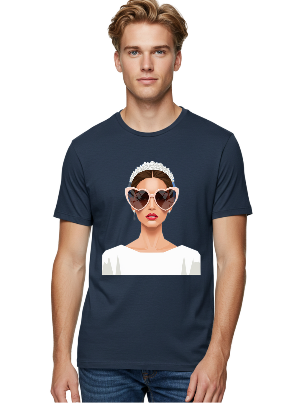 Bride-With-Heart-Shaped-Sunglasses-4 Men'S Graphic Tee, 100% Cotton, Comfortable Casual Summer Wear, Machine Washable, Bride With Heart-Shaped Sunglasses, White Wedding Dress, Floral Headband, Red Lips, Stylish Accessories, Baa231