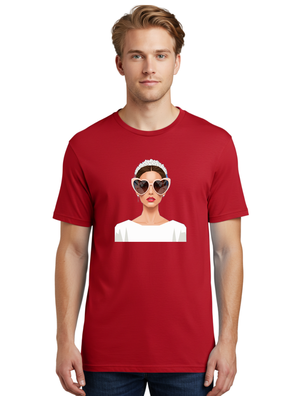 Bride-With-Heart-Shaped-Sunglasses-4 Men'S Graphic Tee, 100% Cotton, Comfortable Casual Summer Wear, Machine Washable, Bride With Heart-Shaped Sunglasses, White Wedding Dress, Floral Headband, Red Lips, Stylish Accessories, Baa231