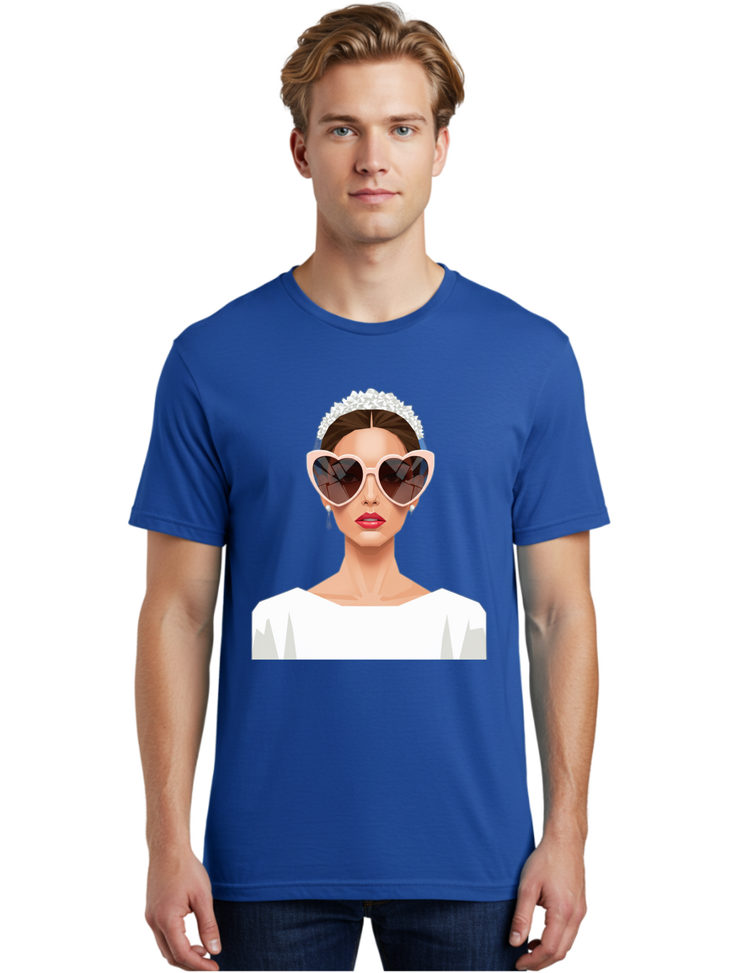 Bride-With-Heart-Shaped-Sunglasses-4 Men'S Graphic Tee, 100% Cotton, Comfortable Casual Summer Wear, Machine Washable, Bride With Heart-Shaped Sunglasses, White Wedding Dress, Floral Headband, Red Lips, Stylish Accessories, Baa231