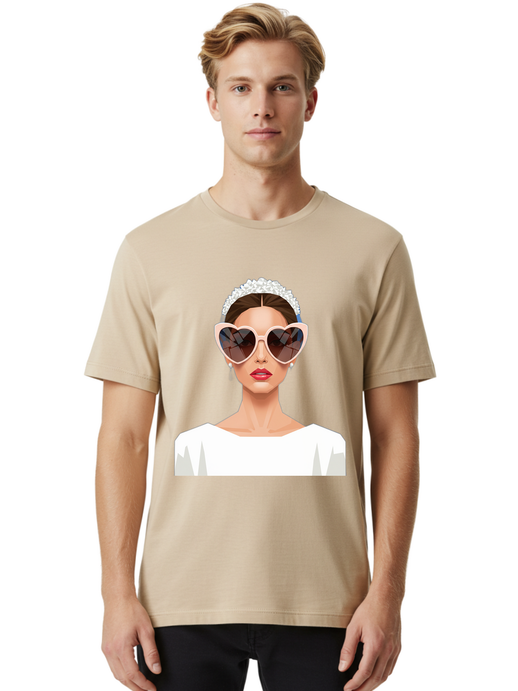 Bride-With-Heart-Shaped-Sunglasses-4 Men'S Graphic Tee, 100% Cotton, Comfortable Casual Summer Wear, Machine Washable, Bride With Heart-Shaped Sunglasses, White Wedding Dress, Floral Headband, Red Lips, Stylish Accessories, Baa231