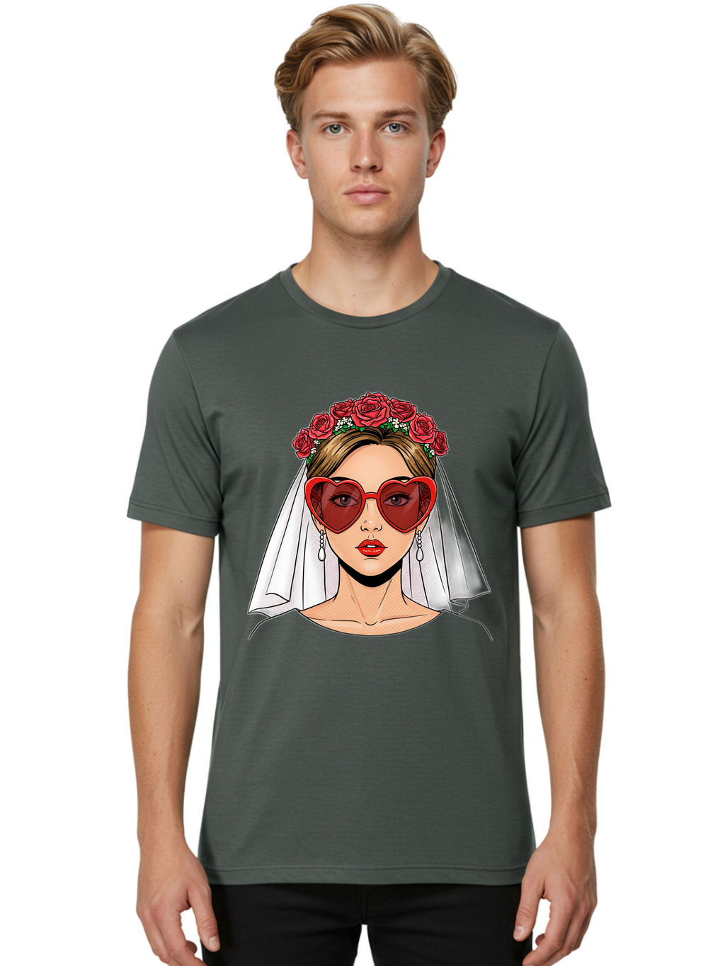 Bride-With-Heart-Shaped-Sunglasses Men'S Graphic Tee, 100% Cotton, Comfortable Casual Summer Wear, Machine Washable, Bride With Red Heart-Shaped Sunglasses, Floral Crown, White Veil, Earrings, Red Lipstick, Modern Wedding Fashion, Baa232